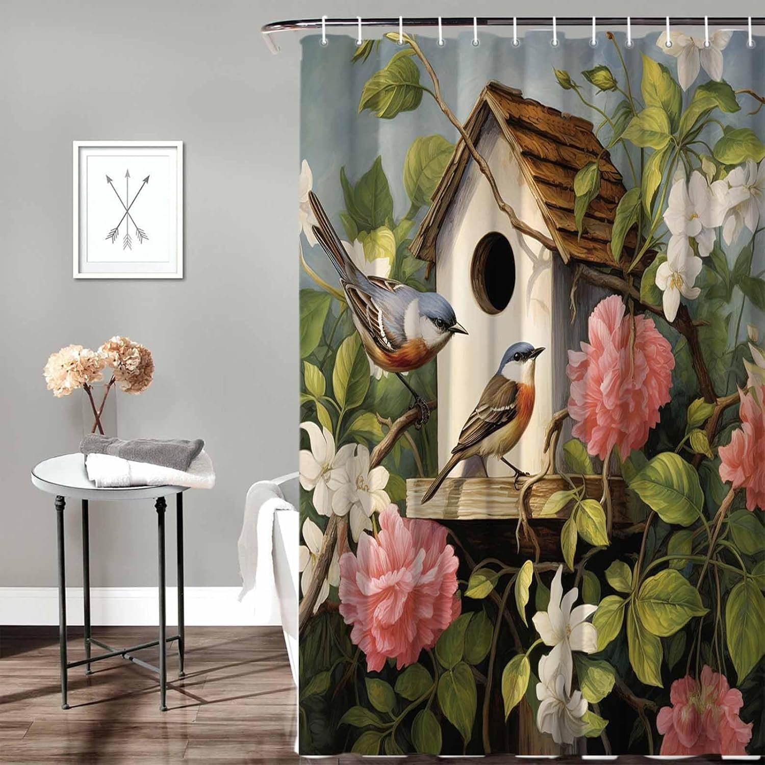 72 Inch Spring Floral Bird Shower Curtain Set with 12 Hooks