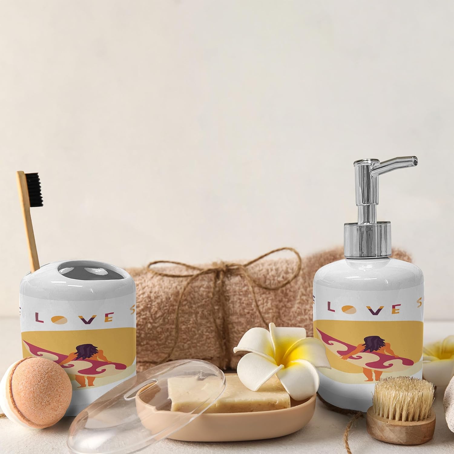 Ambesonne Graphic Beach Soap Dispenser Toothbrush Holder Set 1