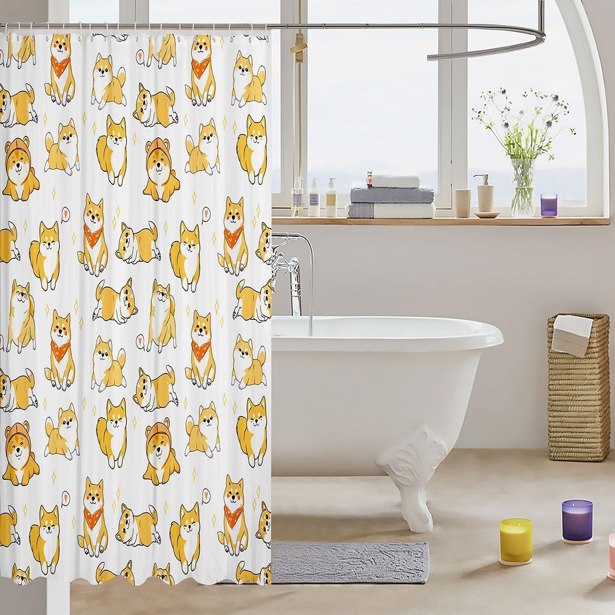 Erosebridal Cute Yellow Dog Shower Curtain Set 72x72