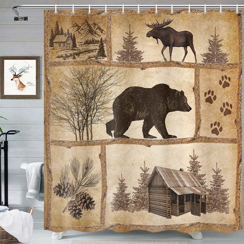 Rustic Cabin Shower Curtain Set with Hooks