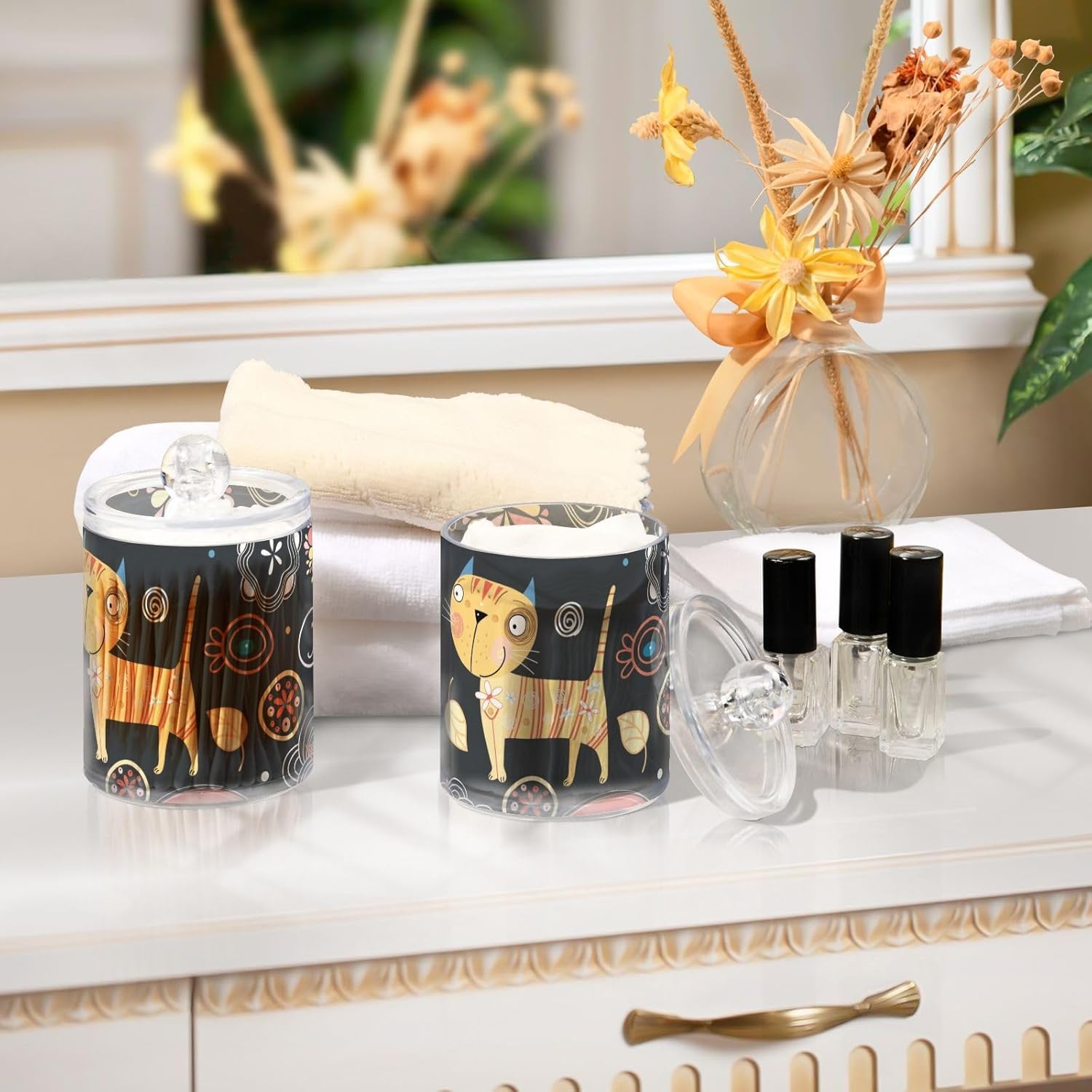 Cute Cat Qtip Holder 2 Pack Clear Plastic Canister Set