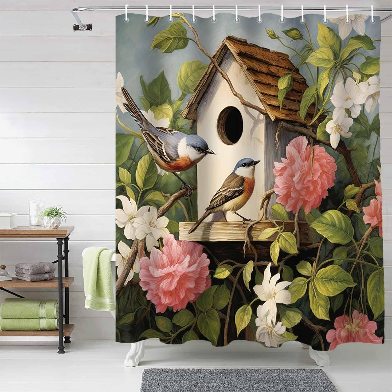 72 Inch Spring Floral Bird Shower Curtain Set with 12 Hooks