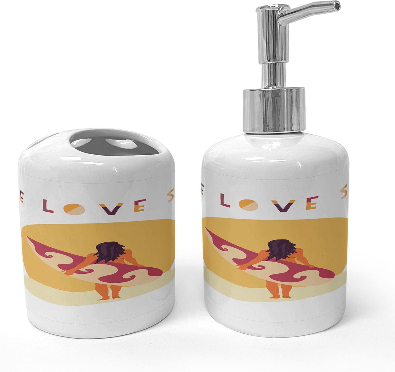 Ambesonne Graphic Beach Soap Dispenser Toothbrush Holder Set 1