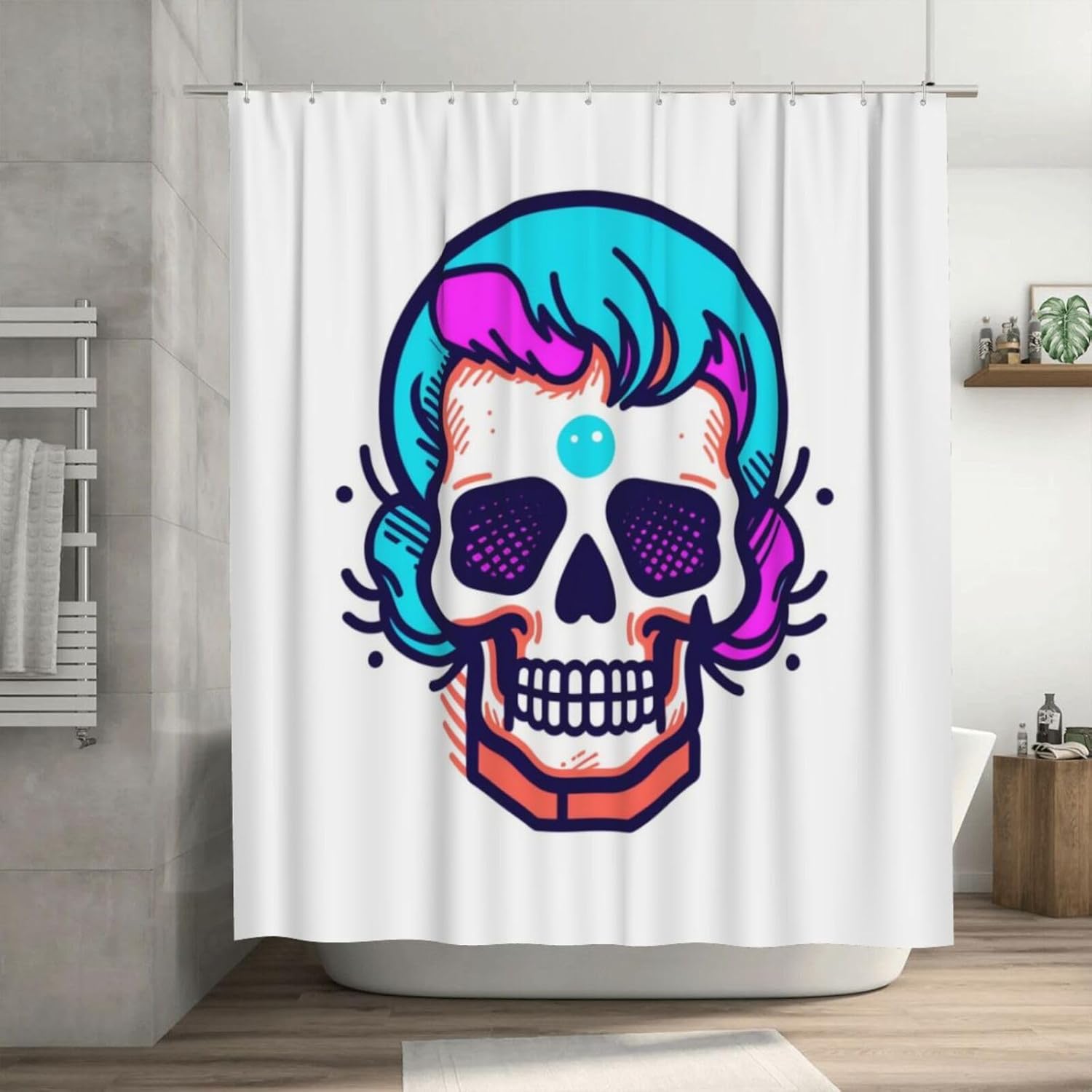 Cartoon Skull Shower Curtain Set 72x72in Red Blue Waterproof Design with 12 Hooks