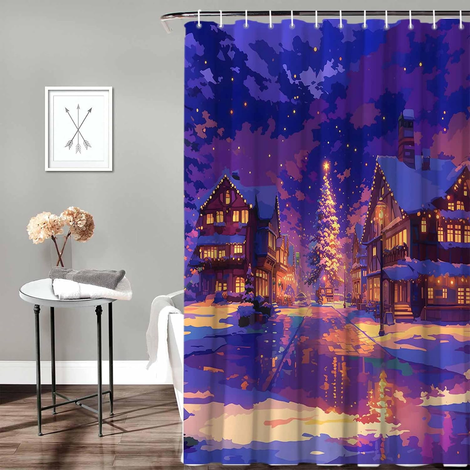72 Inch Cartoon Purple Christmas Shower Curtain Set with 12 Hooks