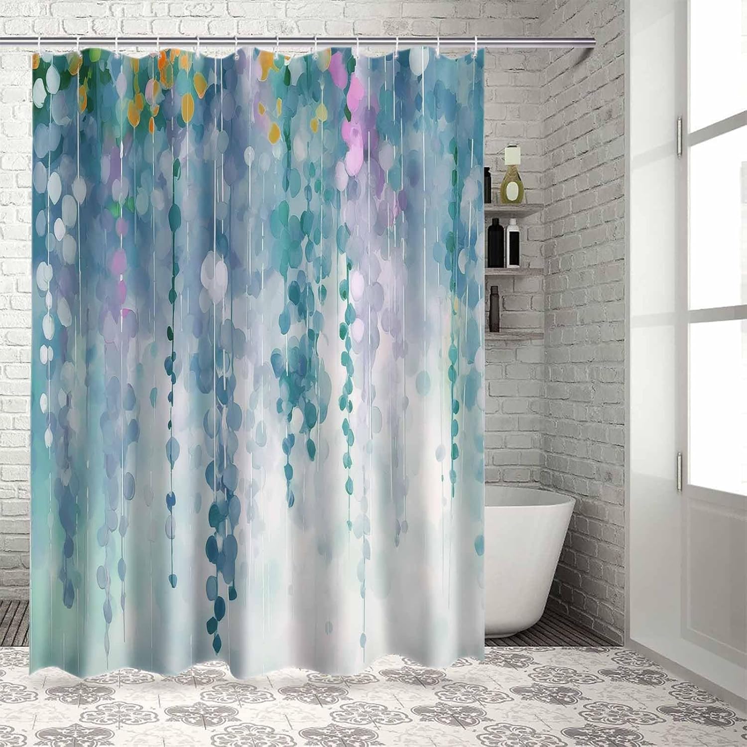 72 Inches Green Spring Floral Shower Curtain Set with 12 Hooks