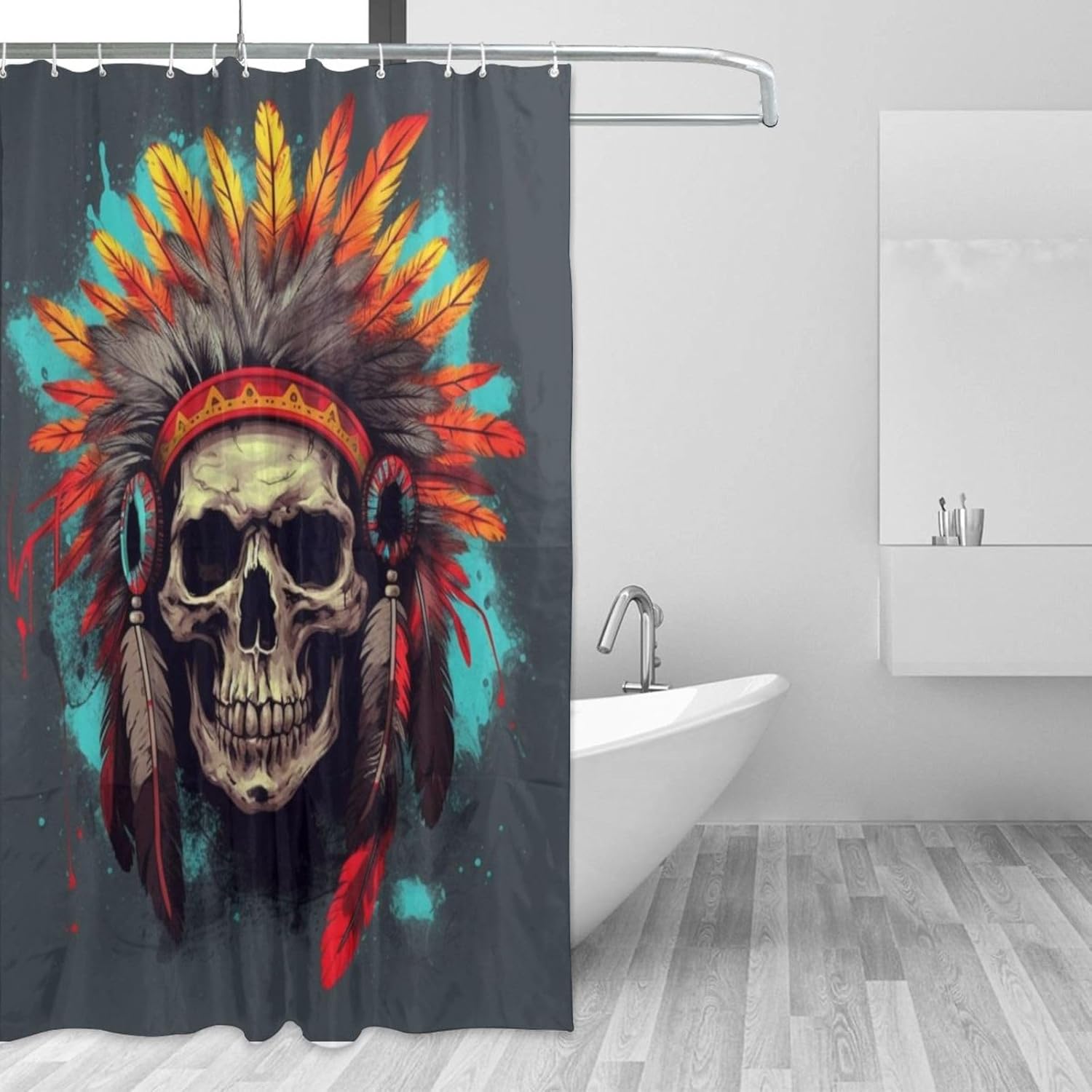 Red Feather Skull Boho Shower Curtain Set