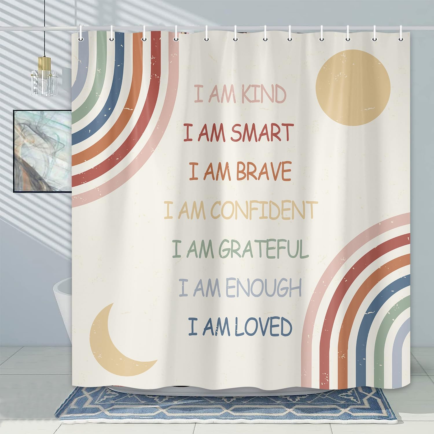Rainbow Pattern Shower Curtain with 12 Hooks for Kids and Teens