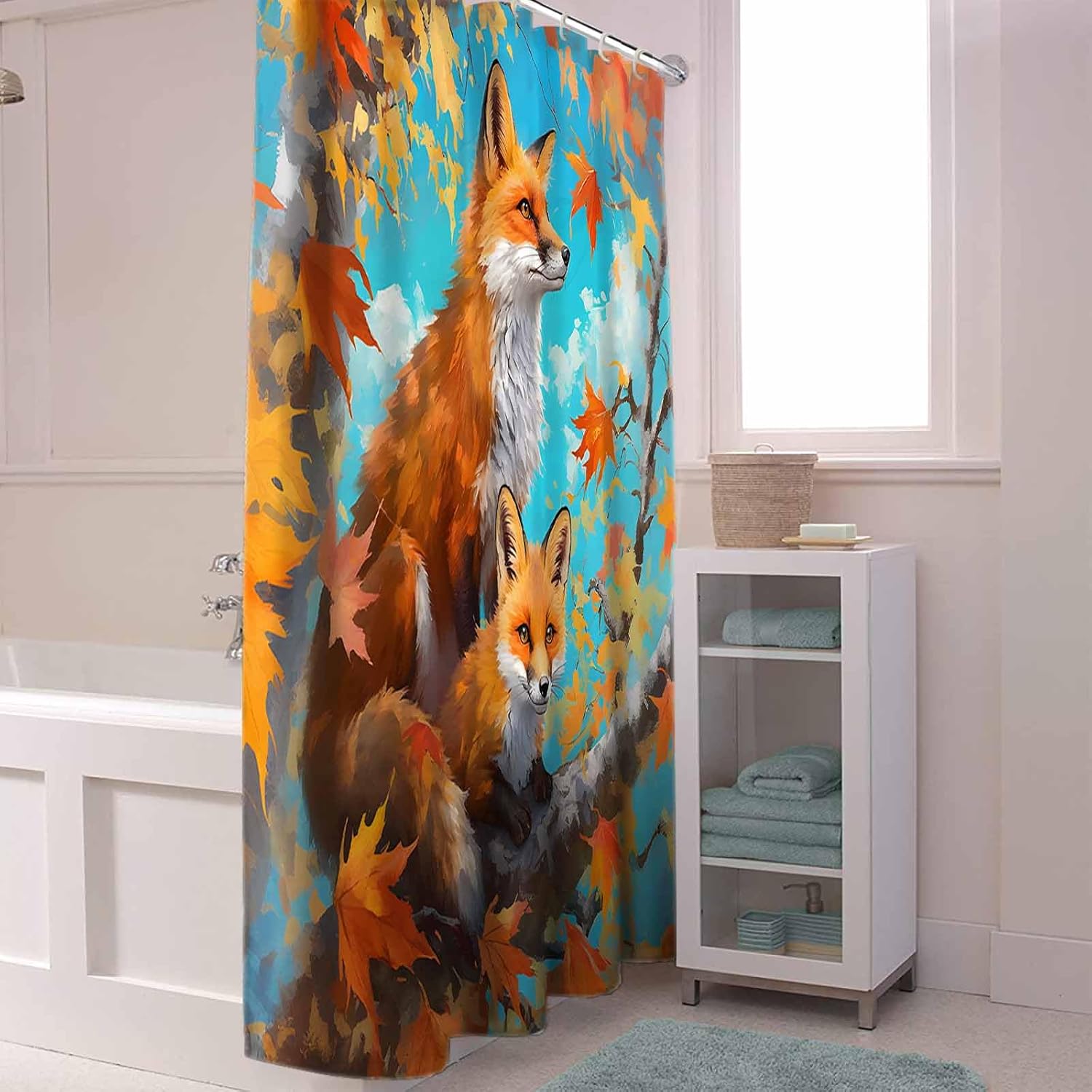 72 Nature Foxes Shower Curtain Set with 12 Hooks