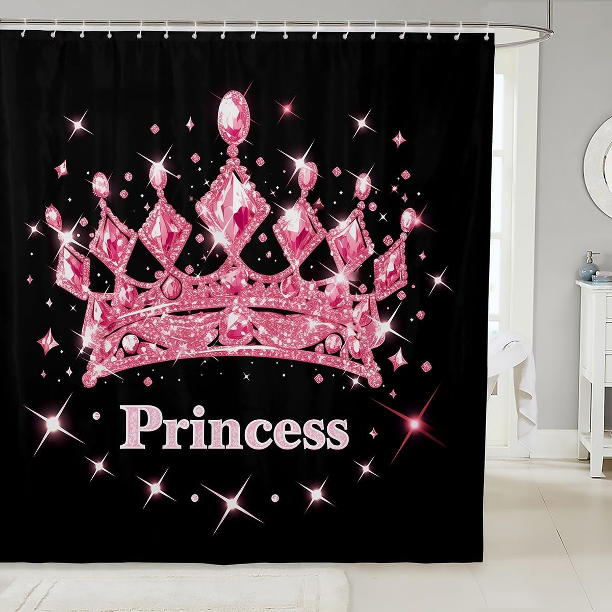 Erosebridal Pink and Black Shower Curtain Set with 12 Hooks