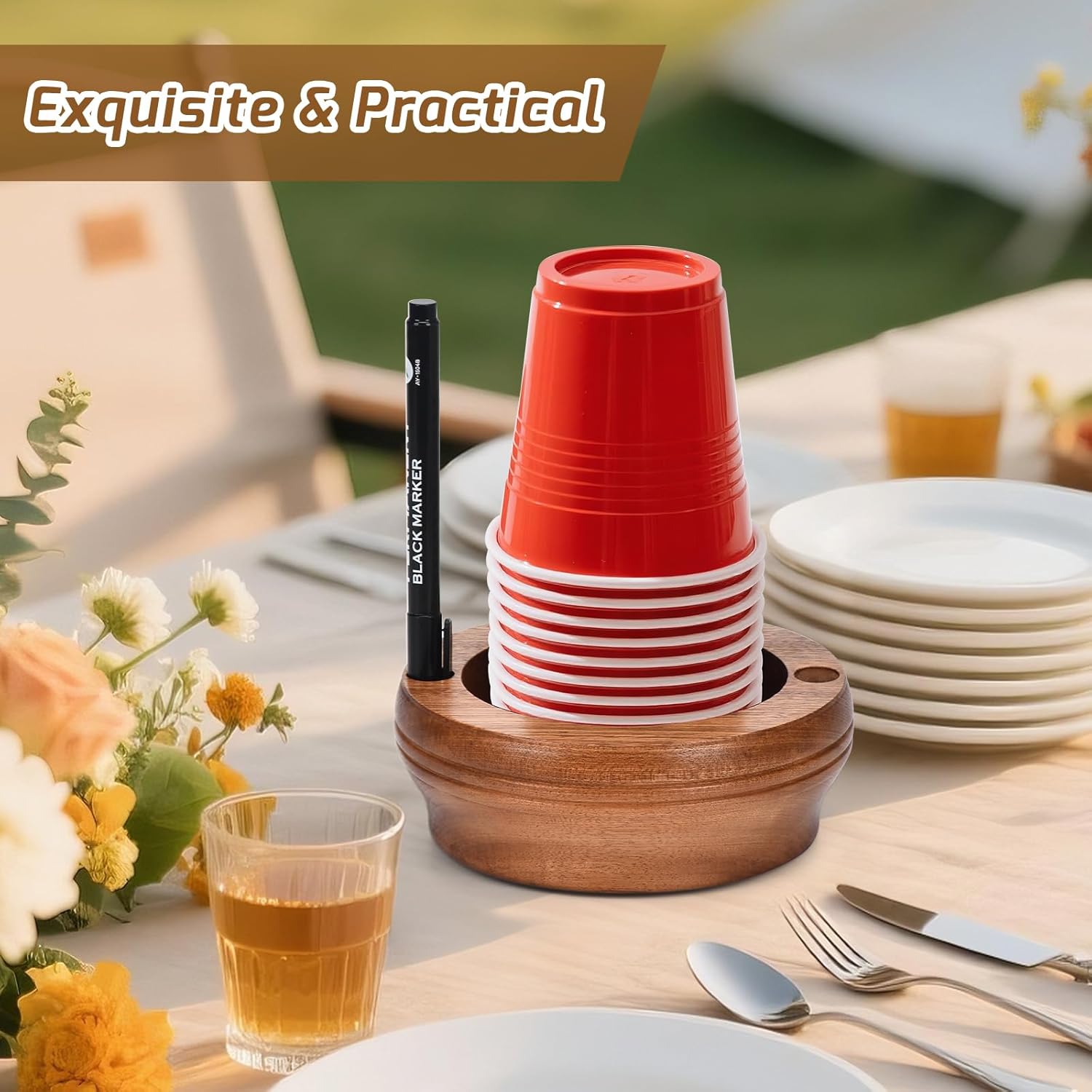 Wooden Cup Holder with Marker Slot - Walnut Design