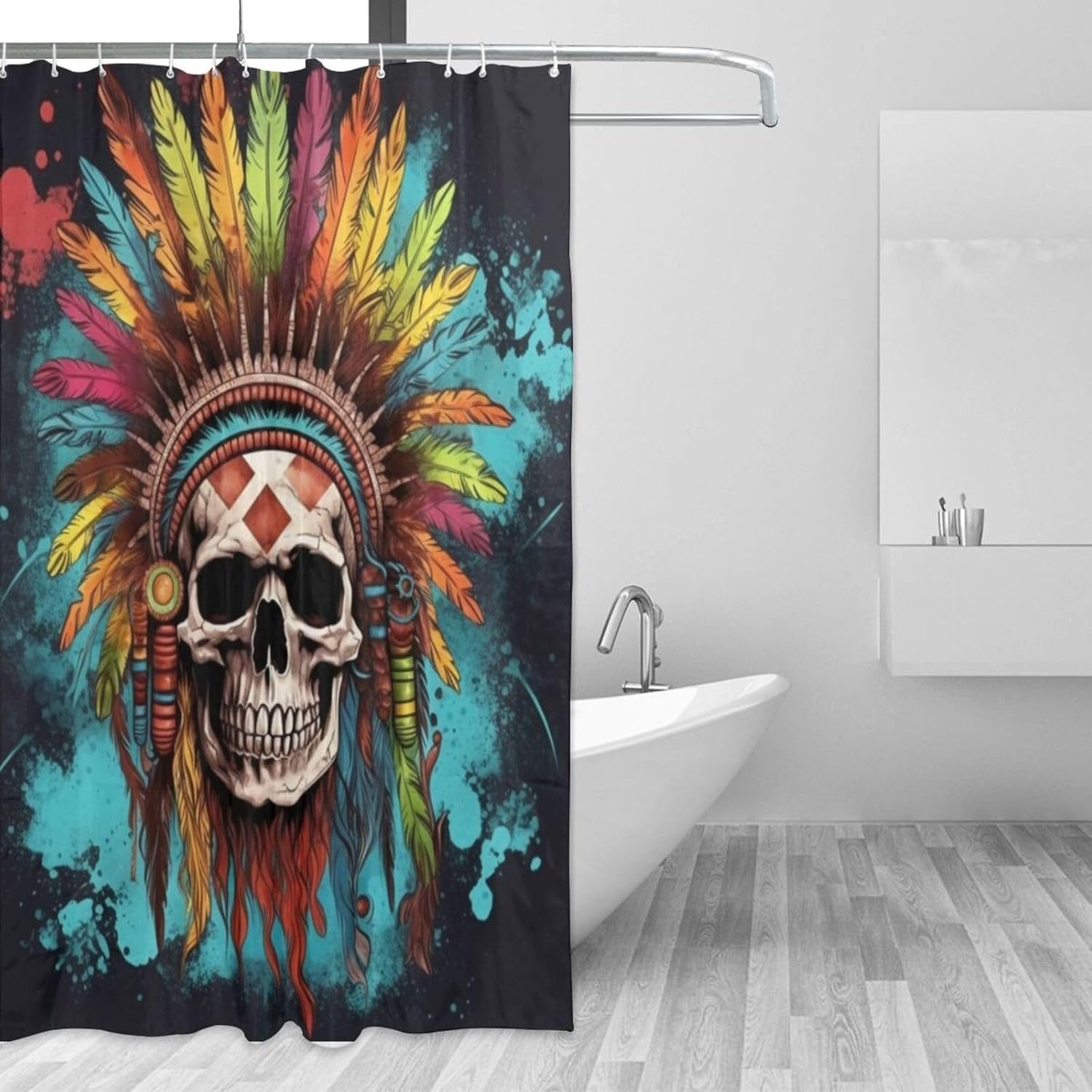 TIYAANDSY Blue Feather Skull Shower Curtain Set 72x72in