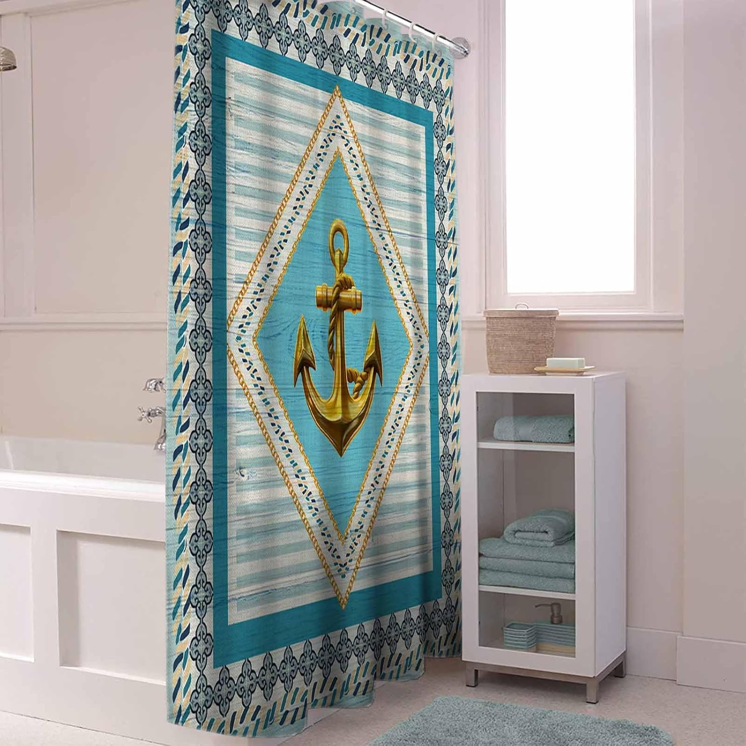 Funnywall88 72 Inches Retro Anchor Flower Shower Curtain Set with 12 Hooks