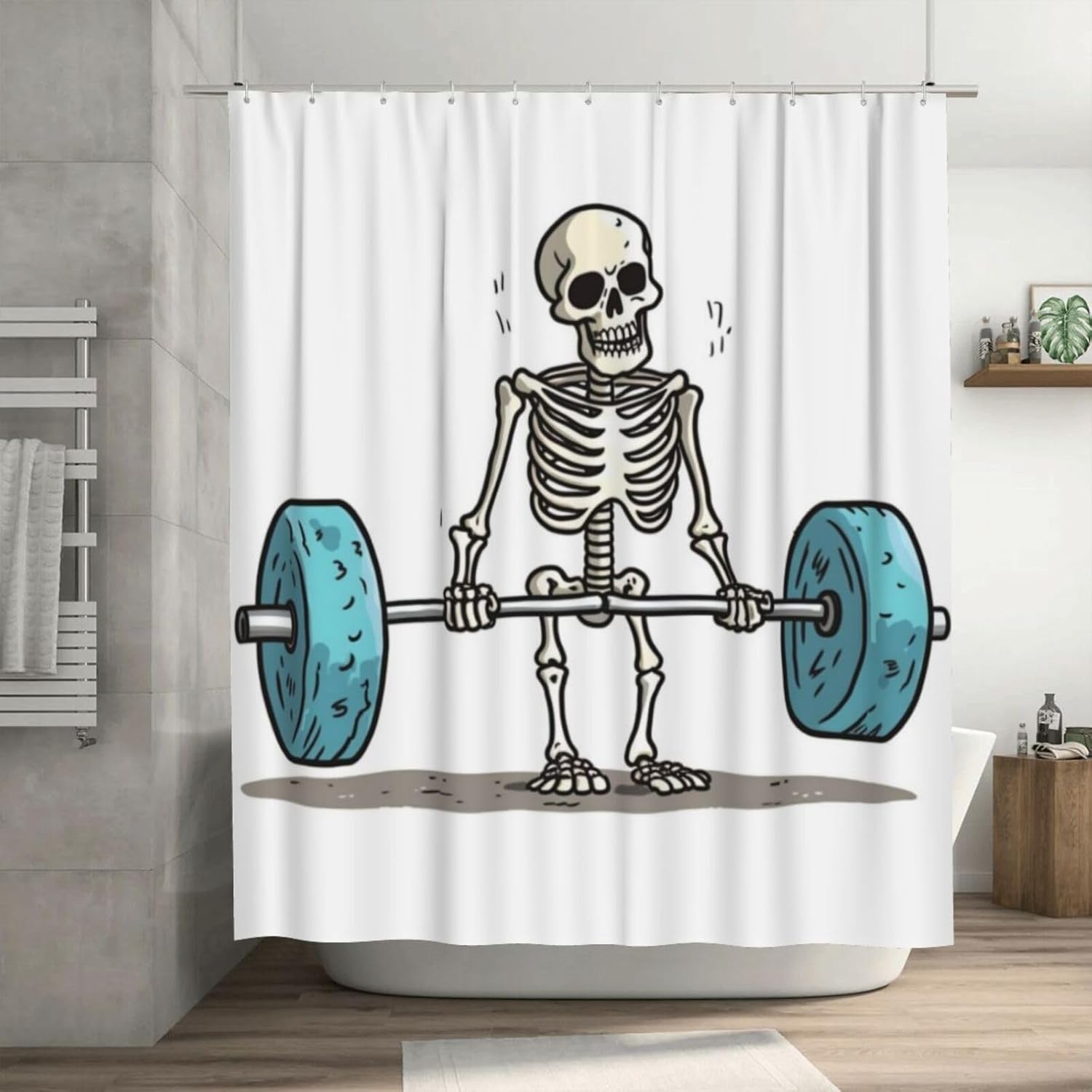 Weightlifting Skeleton Shower Curtain Set with 12 Hooks 72x72in