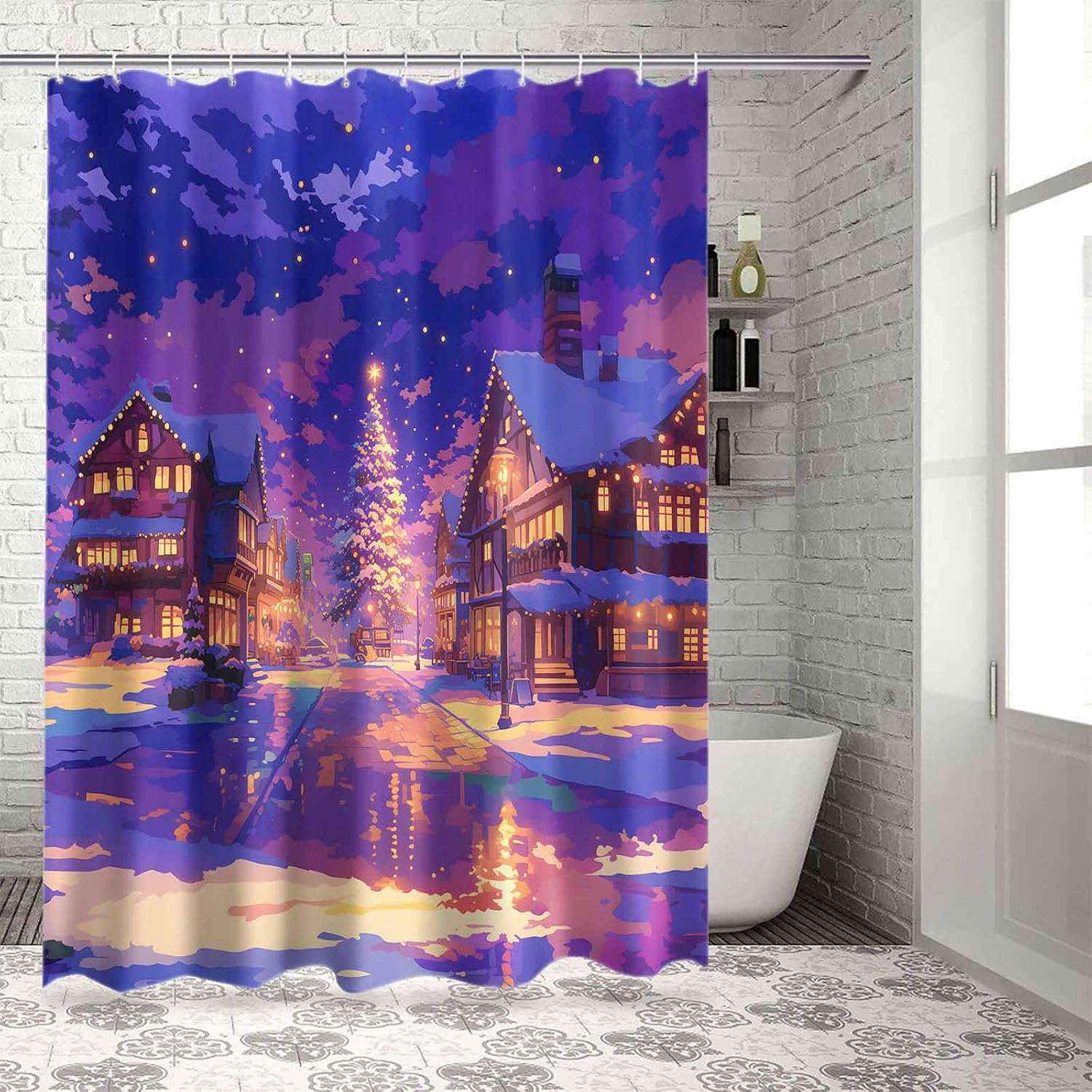 72 Inch Cartoon Purple Christmas Shower Curtain Set with 12 Hooks