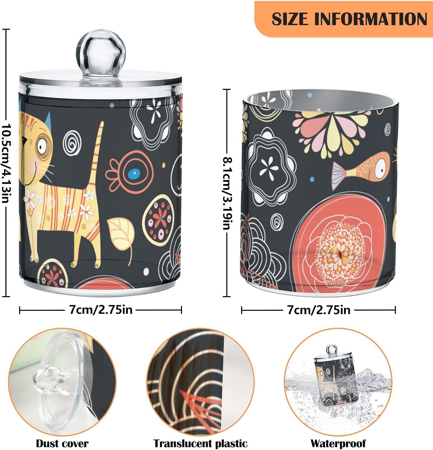 Cute Cat Qtip Holder 2 Pack Clear Plastic Canister Set