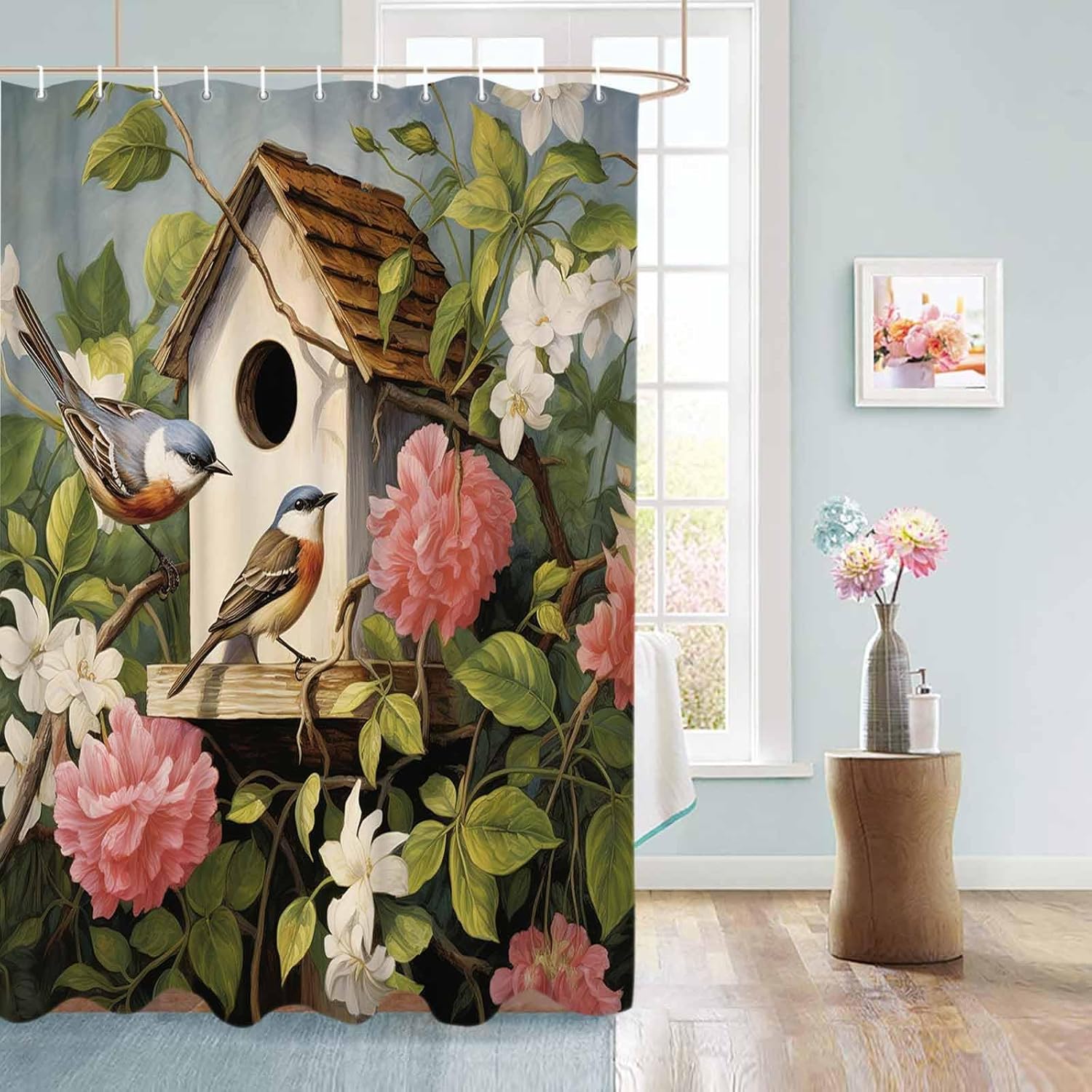 72 Inch Spring Floral Bird Shower Curtain Set with 12 Hooks