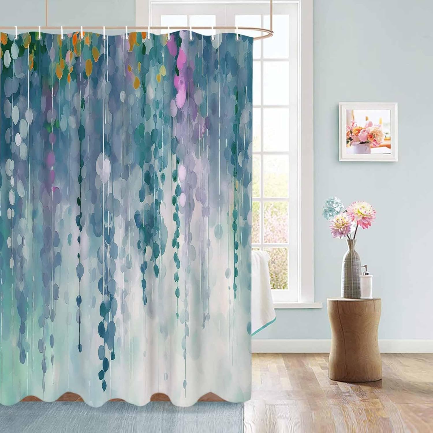 72 Inches Green Spring Floral Shower Curtain Set with 12 Hooks
