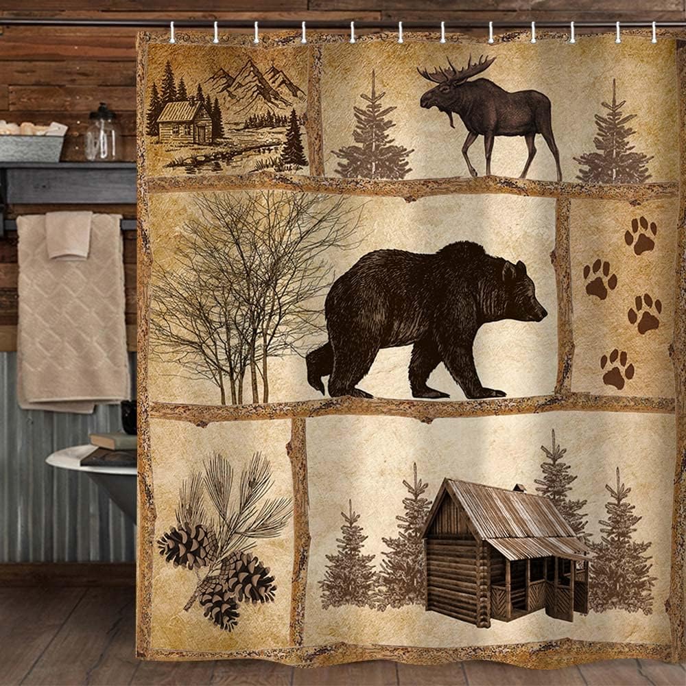 Rustic Cabin Shower Curtain Set with Hooks