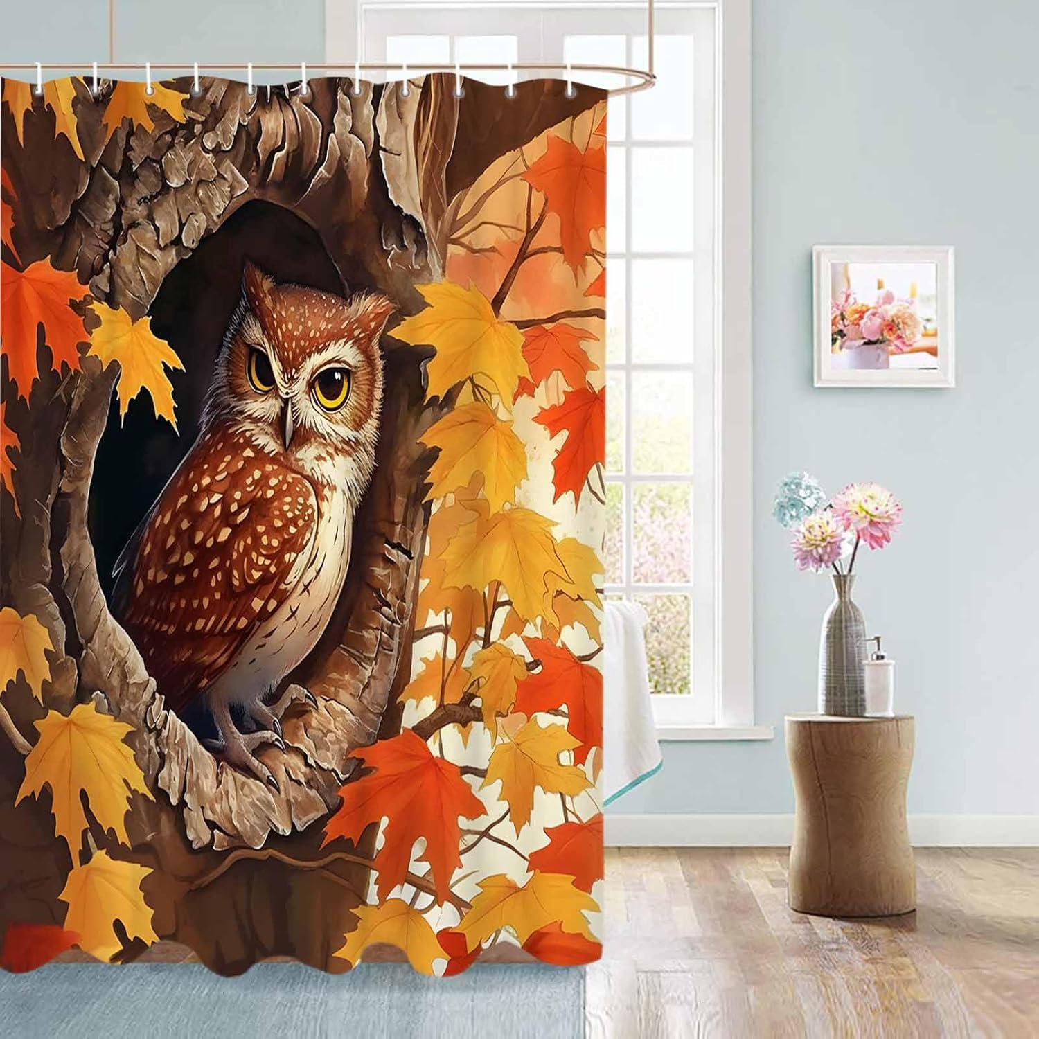 Funnywall88 72 Inches Owl Maple Tree Decor Shower Curtain Set