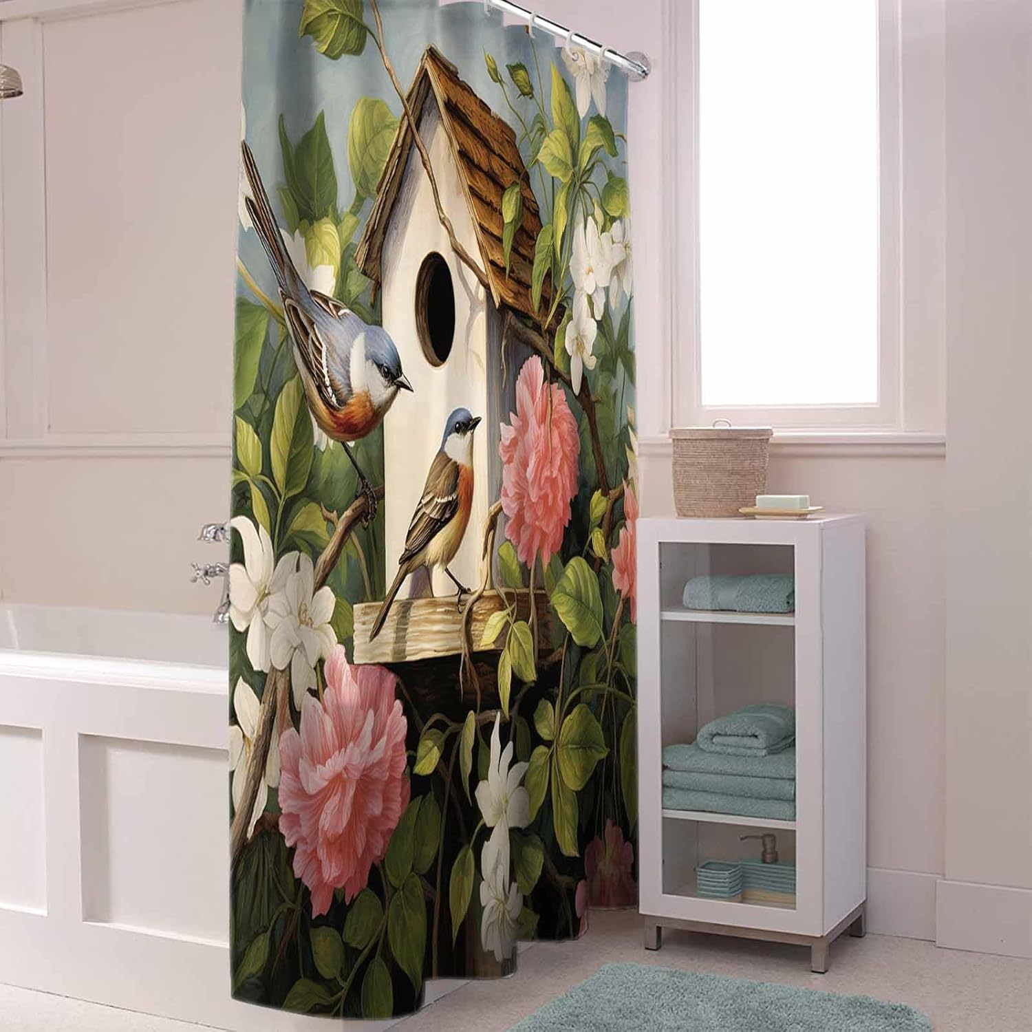 72 Inch Spring Floral Bird Shower Curtain Set with 12 Hooks