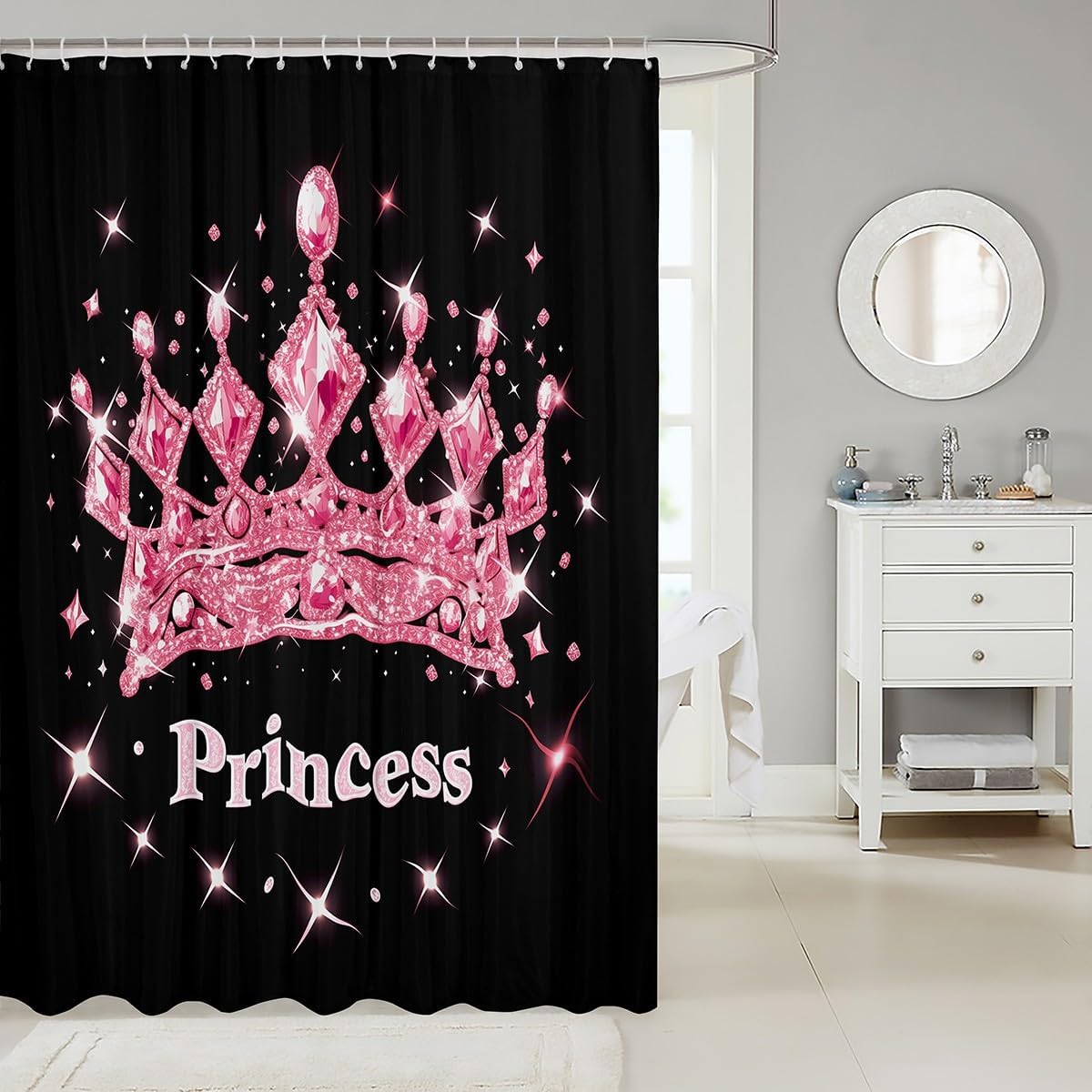 Erosebridal Pink and Black Shower Curtain Set with 12 Hooks