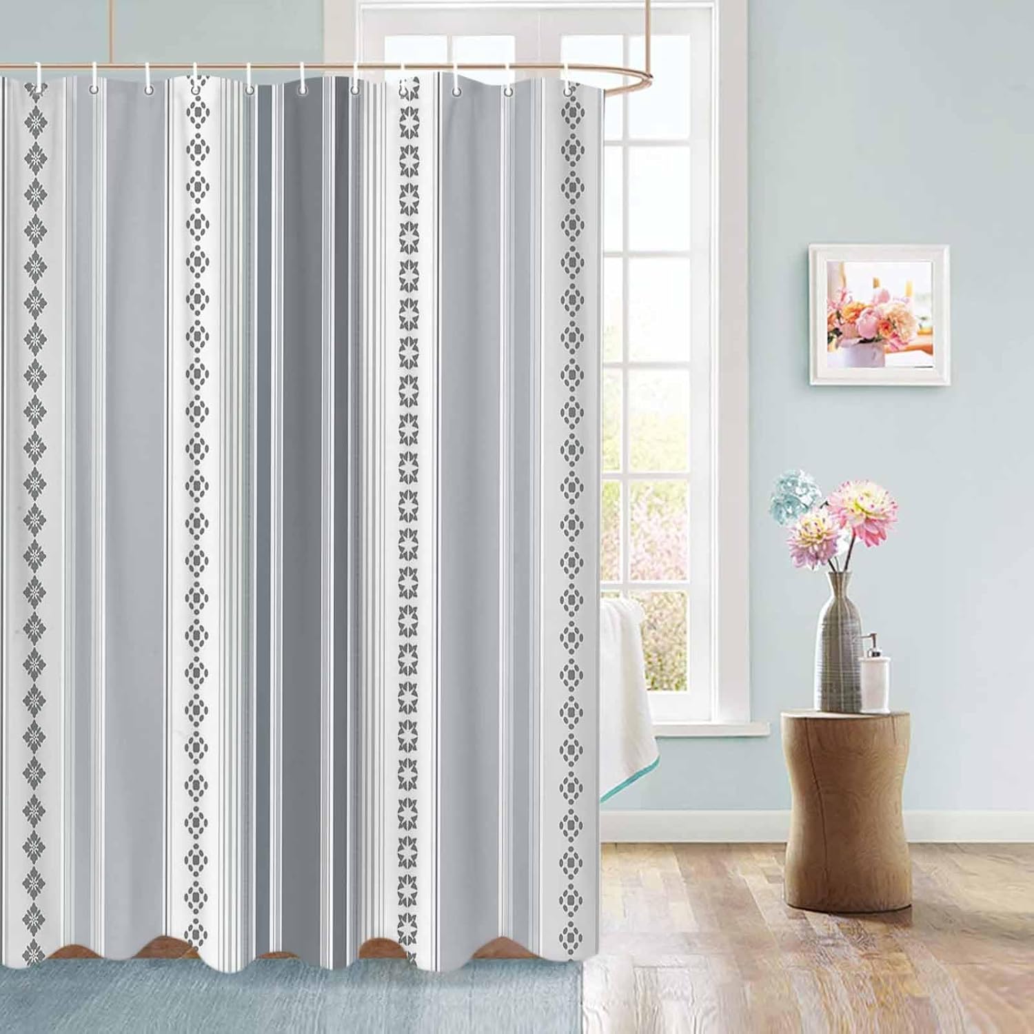 72 Inches Grey Gradient Floral Shower Curtain Set with 12 Hooks