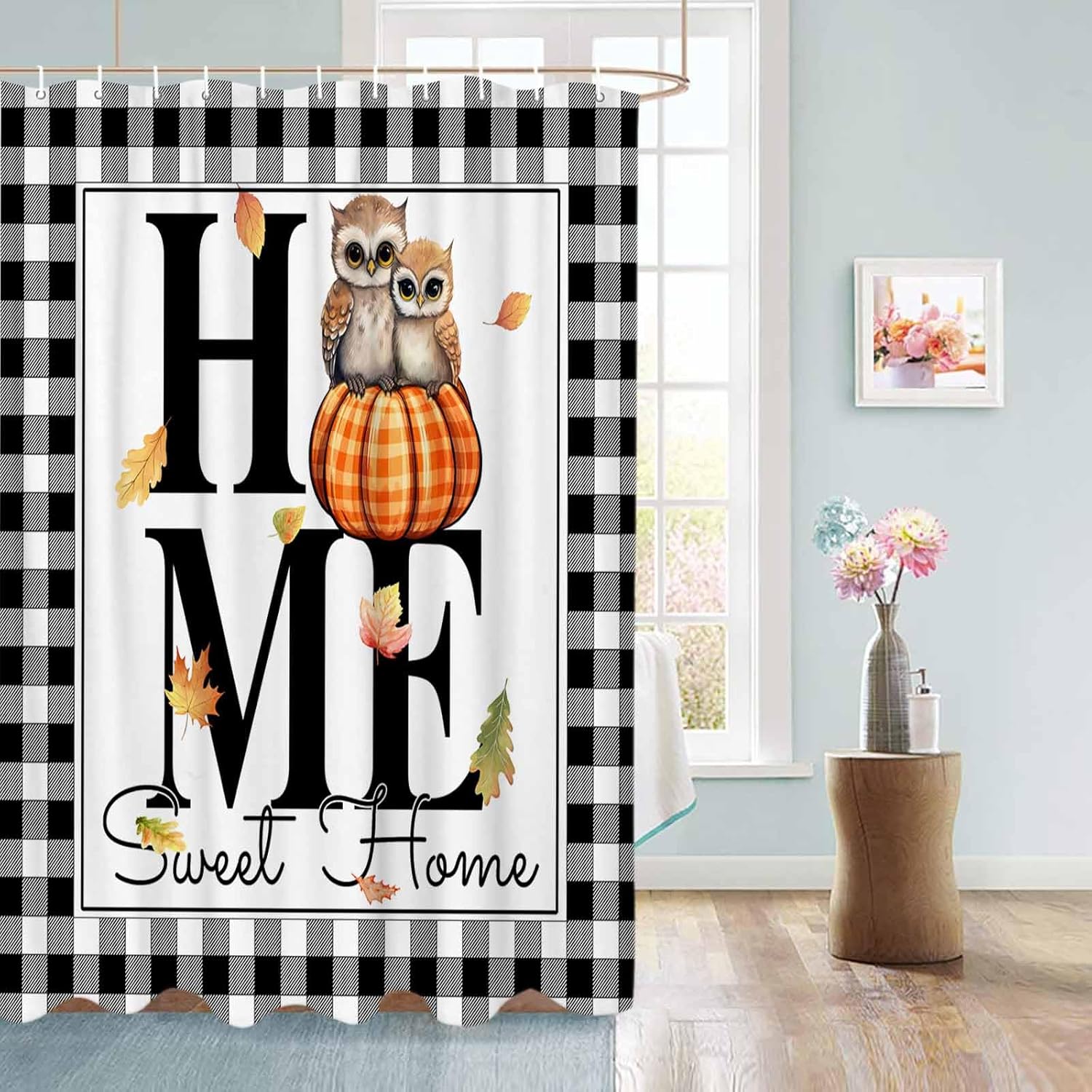 72 Inches Plaid Owl Shower Curtain Set with 12 Hooks