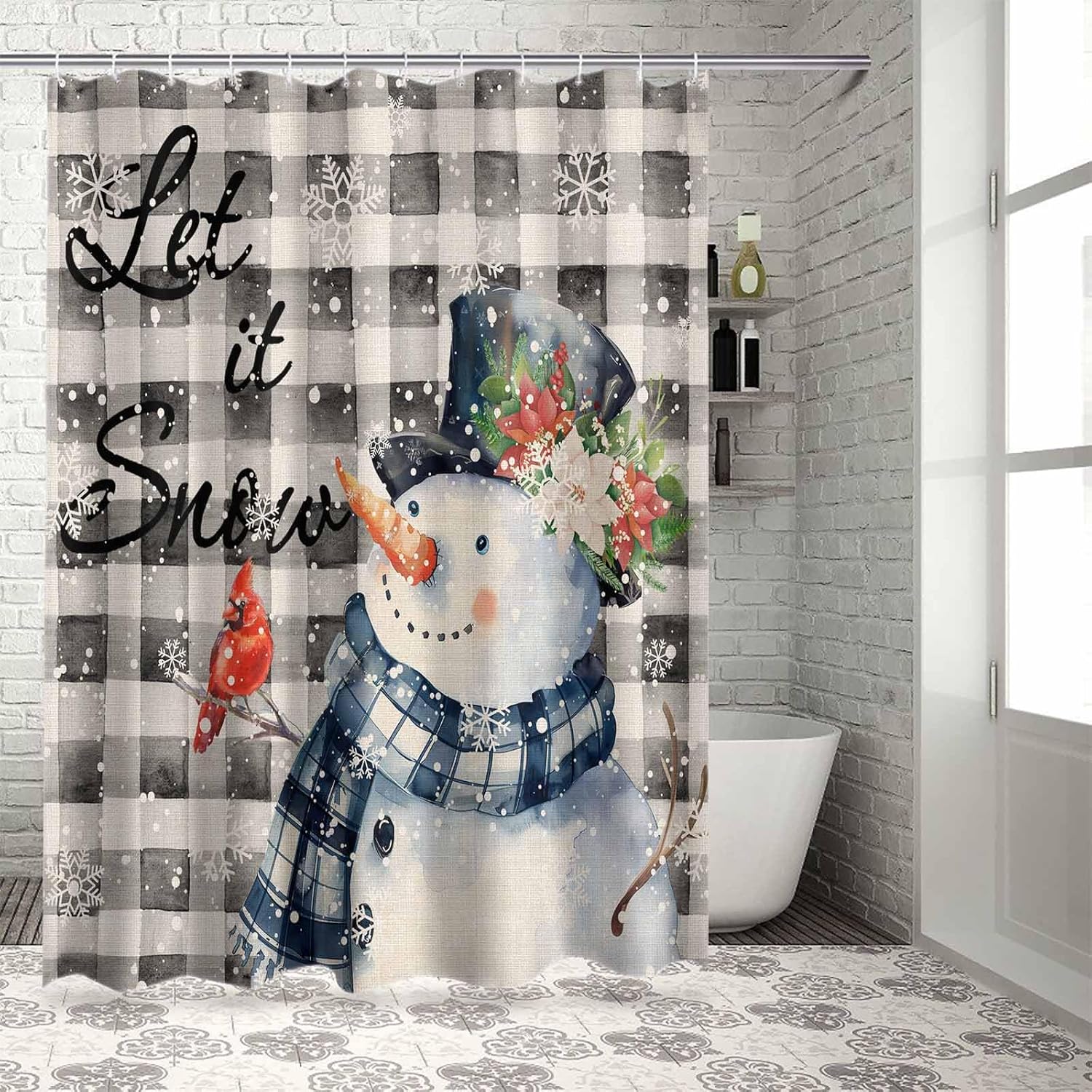Funnywall88 72 Inches Retro Gray Plaid Snowman Shower Curtain Set