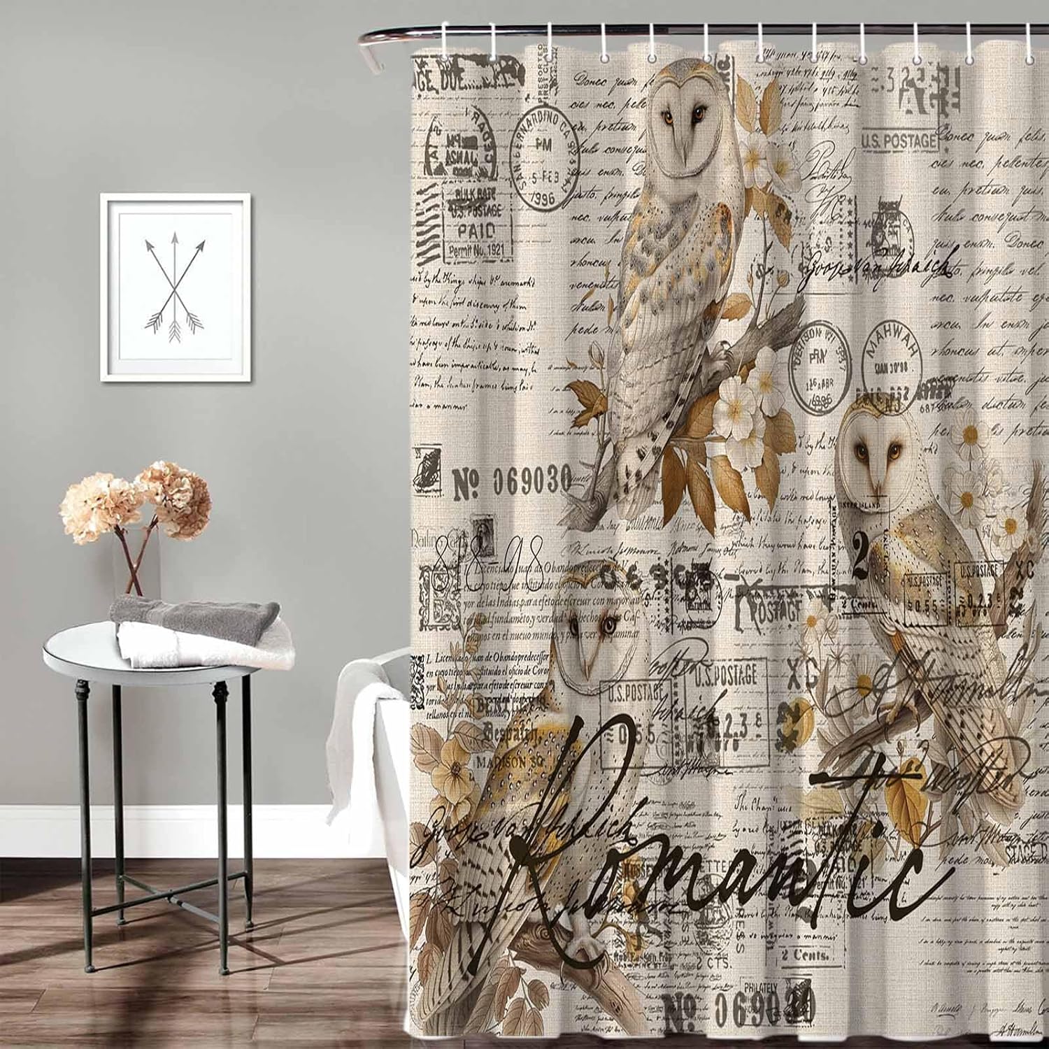72 Inches Retro Bird Owl Flower Shower Curtain Set with 12 Hooks