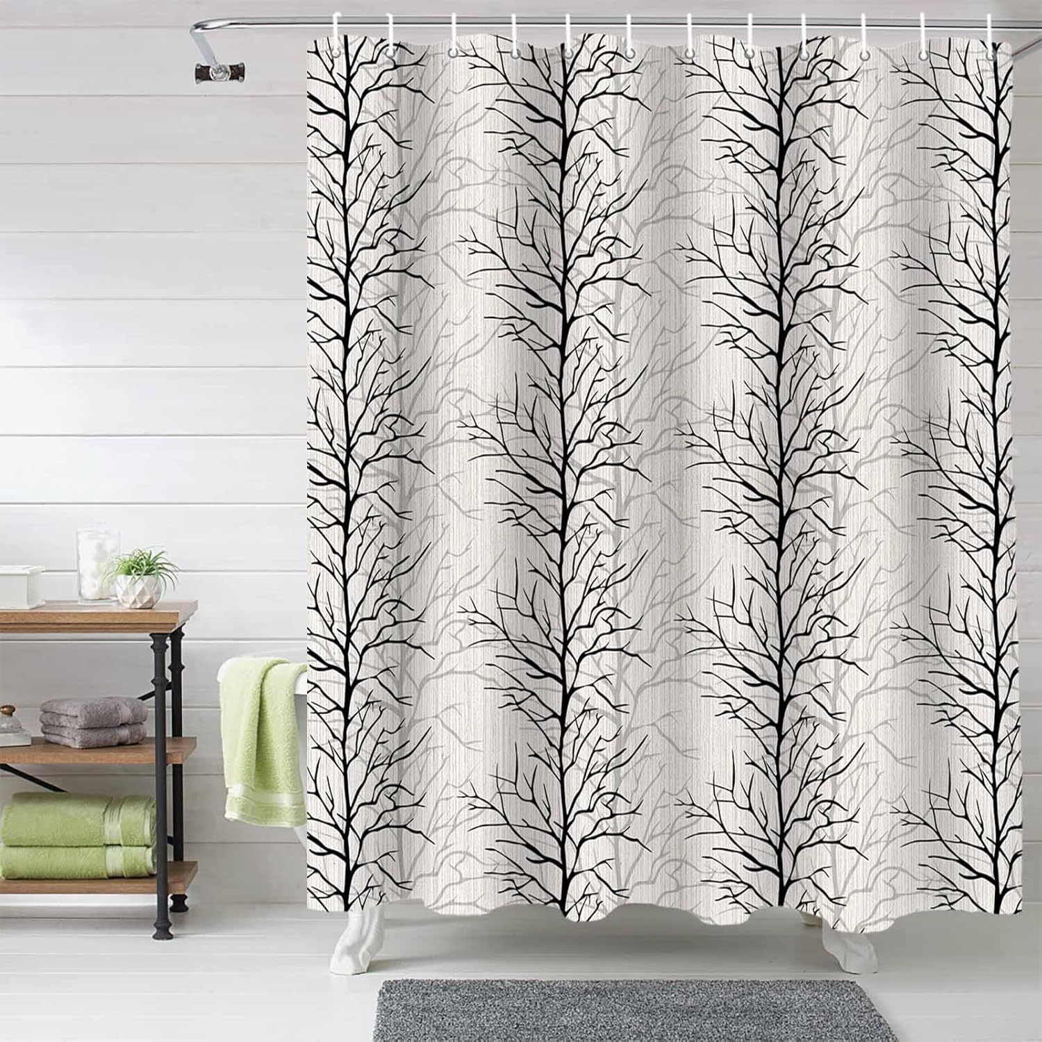 72 Inches Black Tree Branch Shower Curtain Set with 12 Hooks