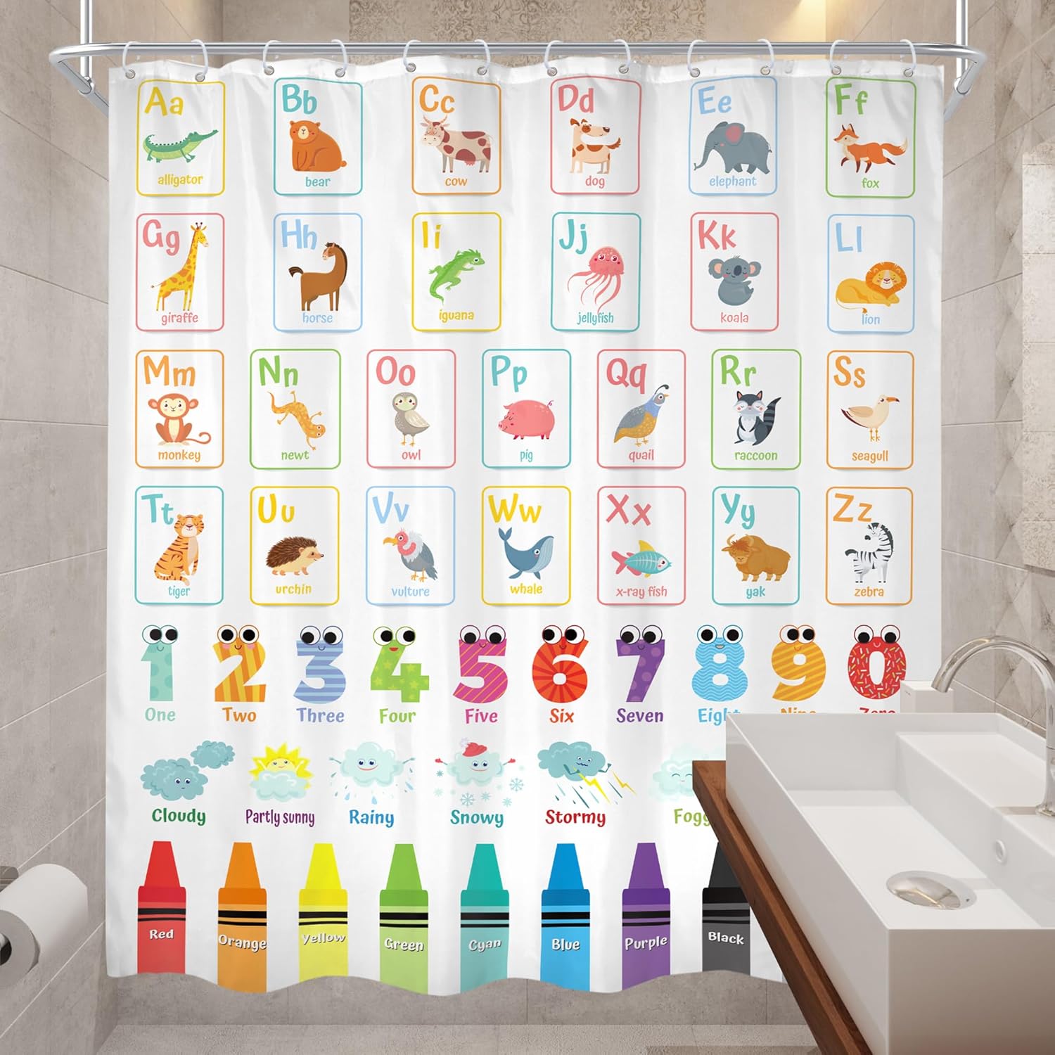 Cinbloo Alphabet ABC Kids Shower Curtain Set 72x72 with 12 Hooks