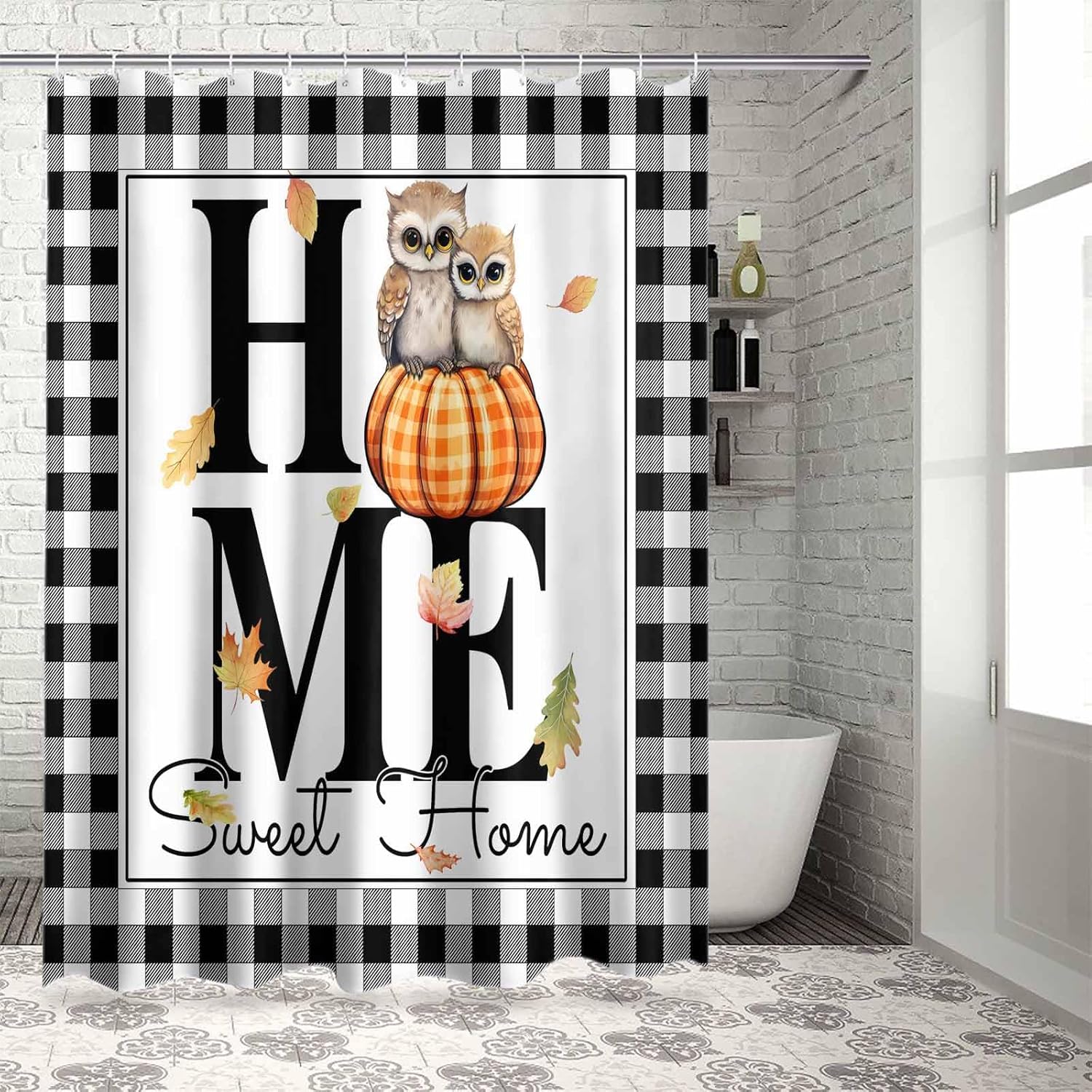 72 Inches Plaid Owl Shower Curtain Set with 12 Hooks