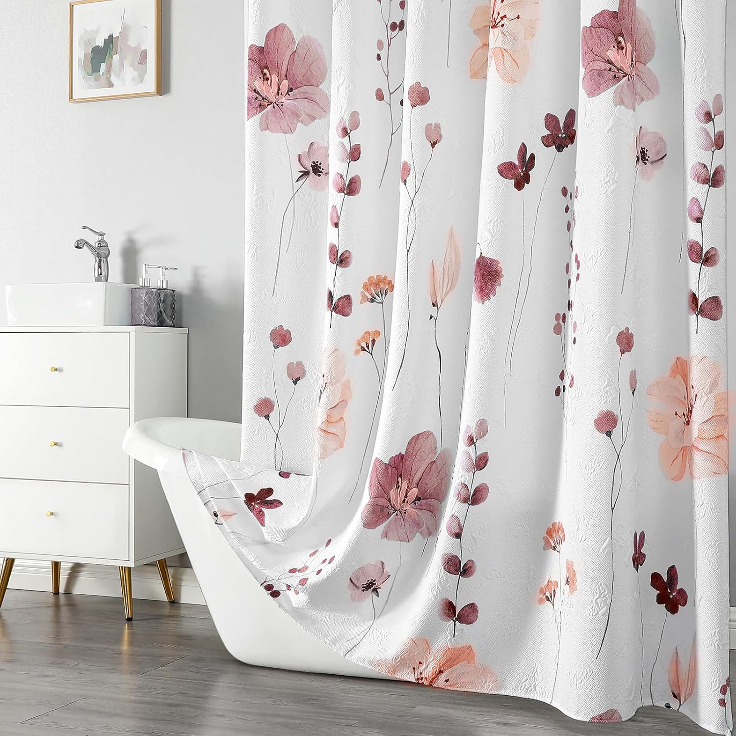 QiyI Embossed Floral Shower Curtain Set with Hooks