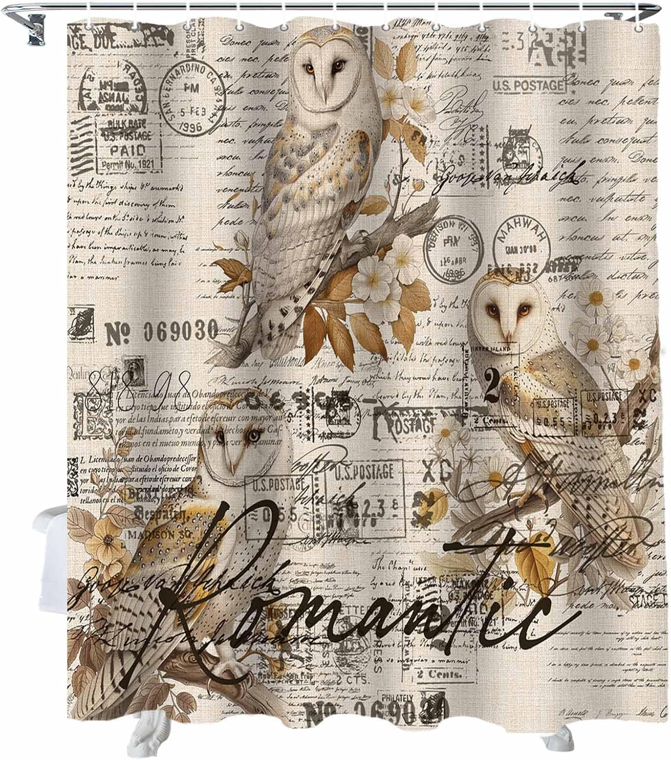 72 Inches Retro Bird Owl Flower Shower Curtain Set with 12 Hooks