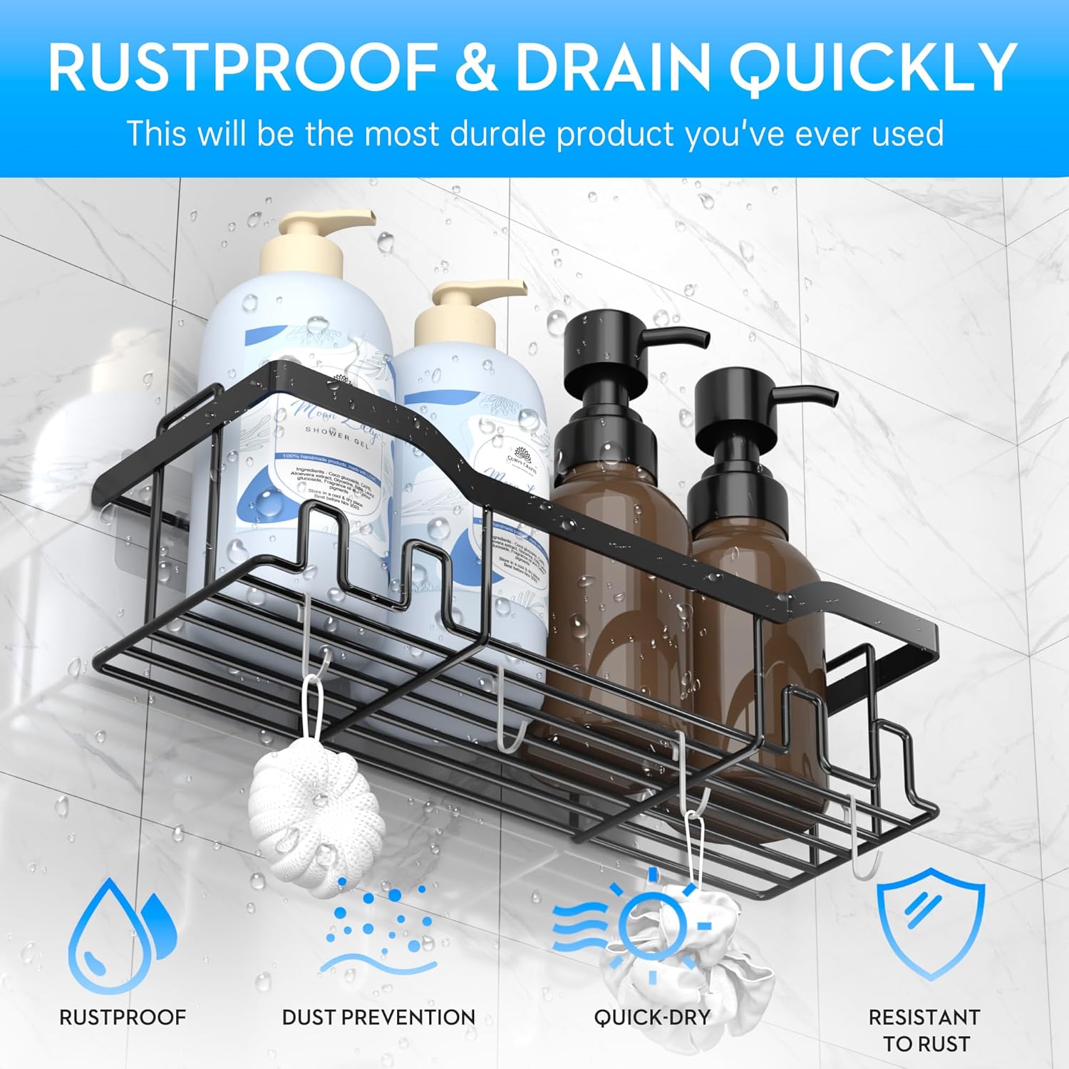 3 Pack Adhesive Shower Caddy Set with 8 Hooks and Soap Holder