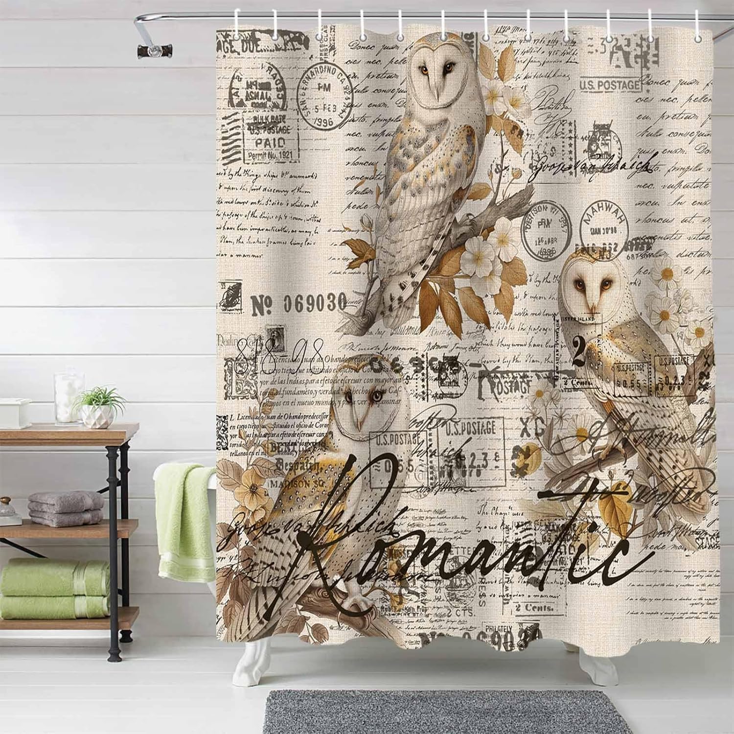 72 Inches Retro Bird Owl Flower Shower Curtain Set with 12 Hooks