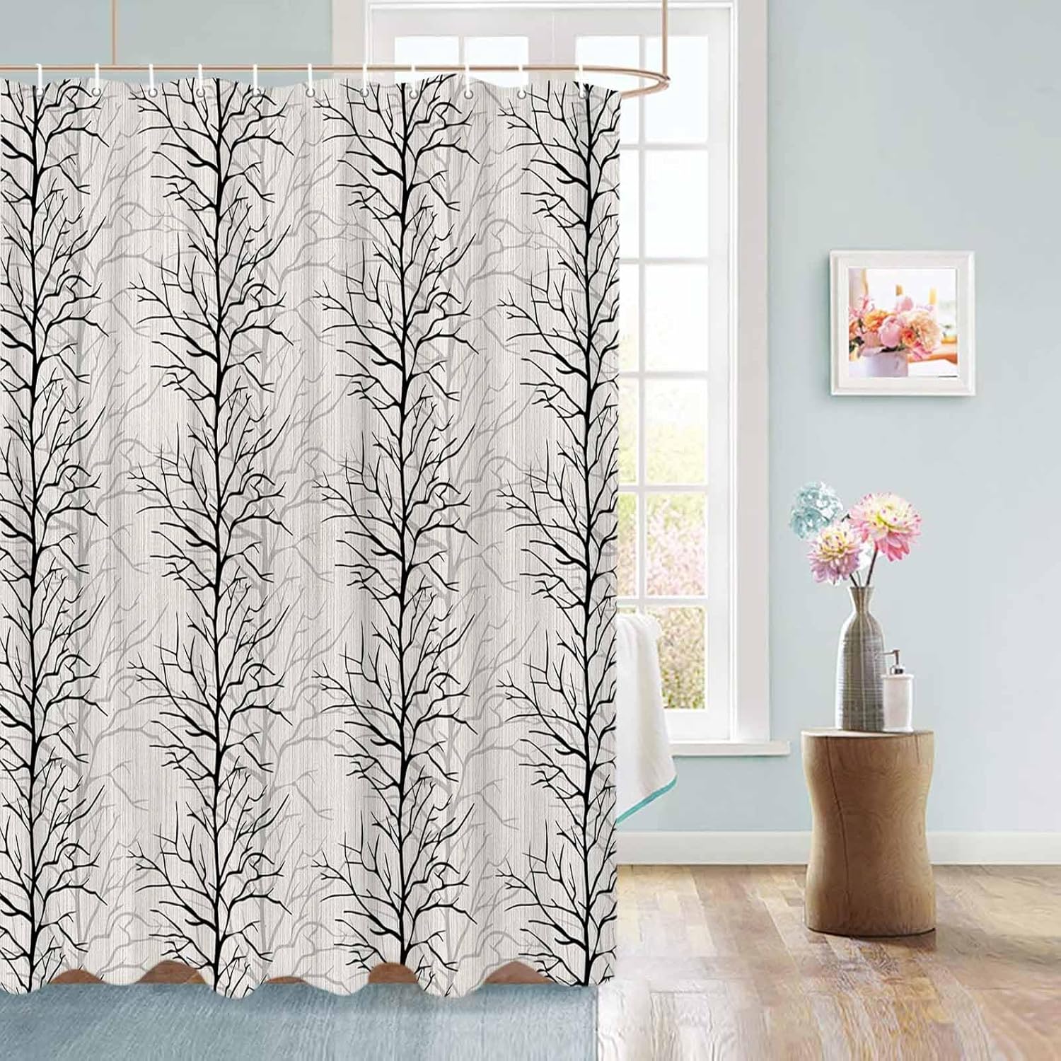 72 Inches Black Tree Branch Shower Curtain Set with 12 Hooks