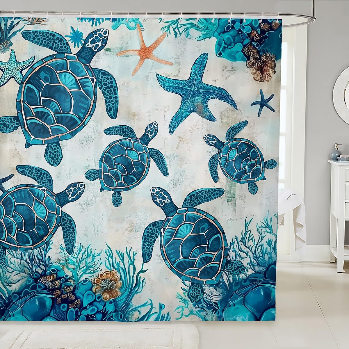 Kids Turtle Fabric Shower Curtain with 17 Hooks