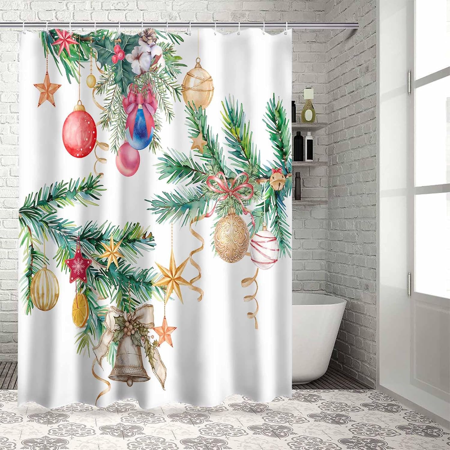 72 Inches Christmas Decor Shower Curtain Set with 12 Hooks
