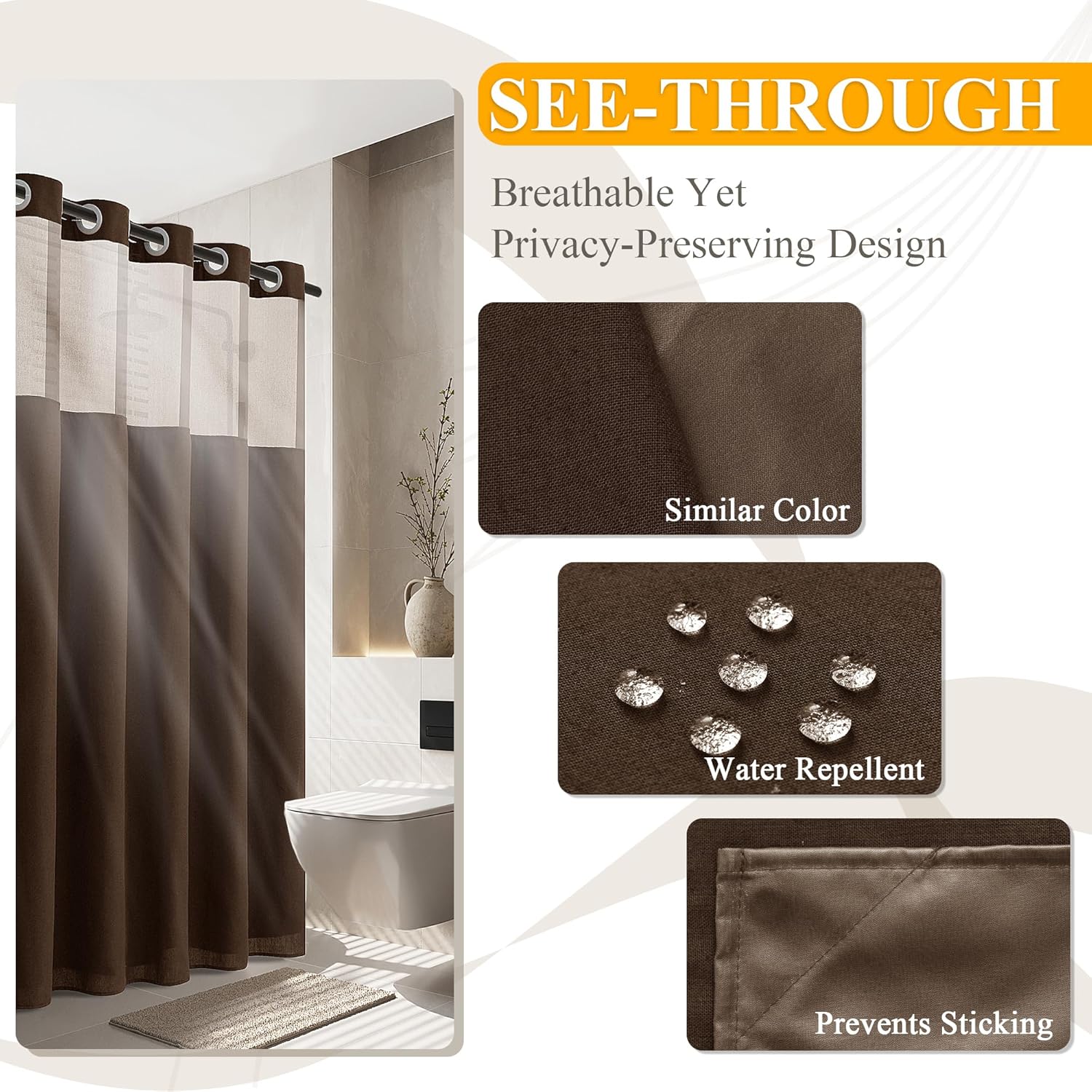 No Hooks Linen Shower Curtain Set 72x78 Brown with See-Through Window