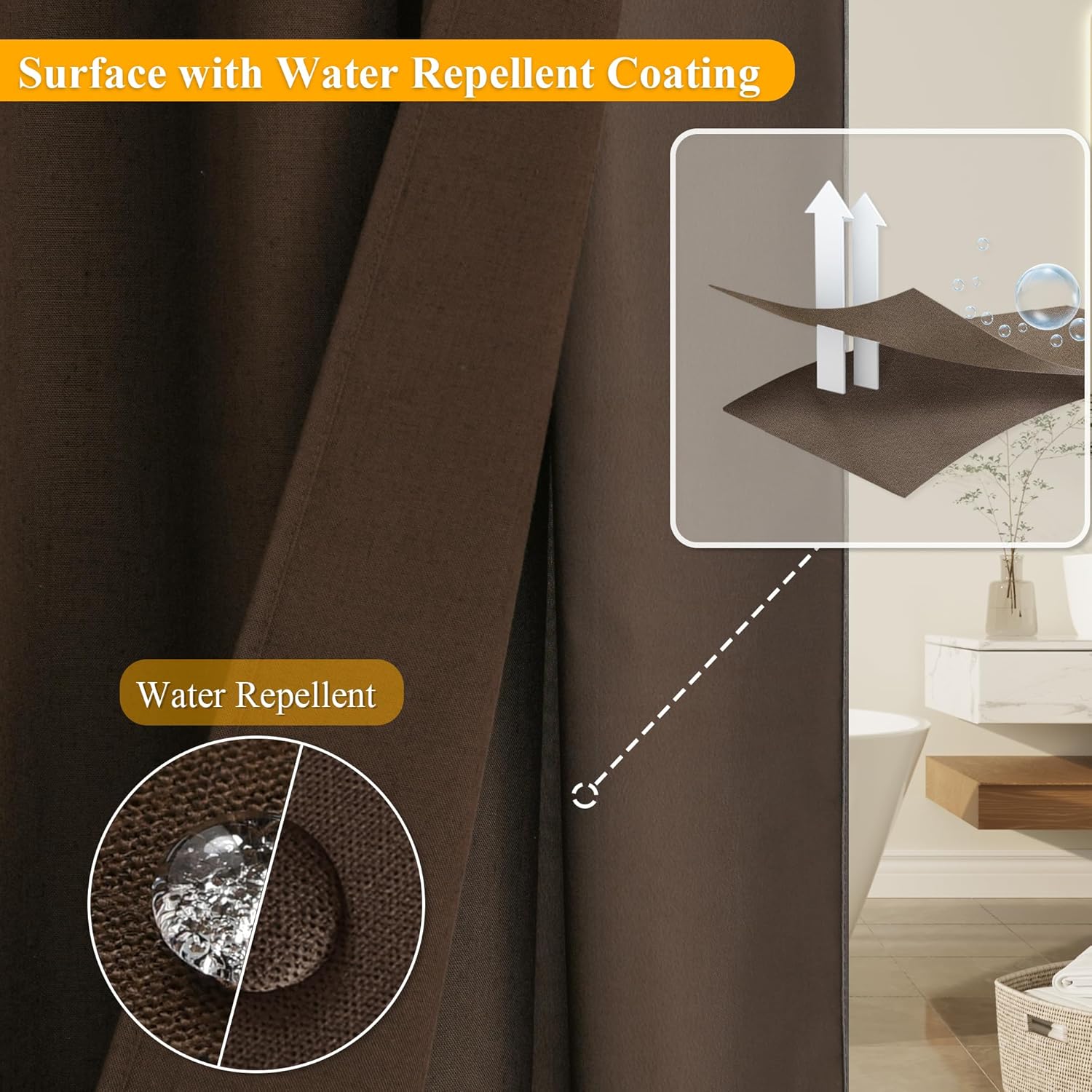 No Hooks Linen Shower Curtain Set 72x78 Brown with See-Through Window