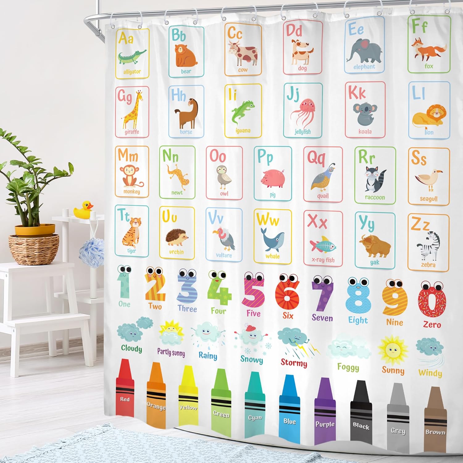 Cinbloo Alphabet ABC Kids Shower Curtain Set 72x72 with 12 Hooks