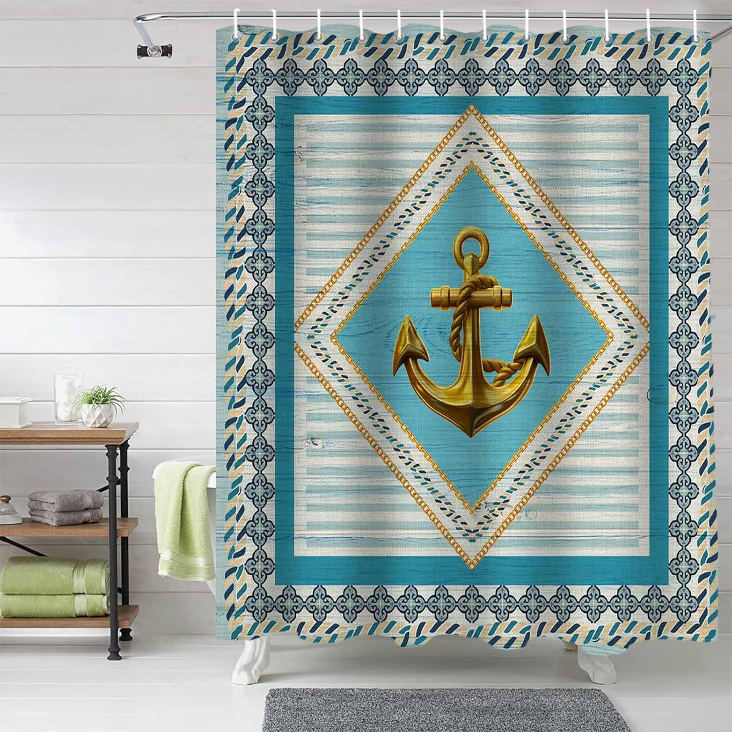 Funnywall88 72 Inches Retro Anchor Flower Shower Curtain Set with 12 Hooks