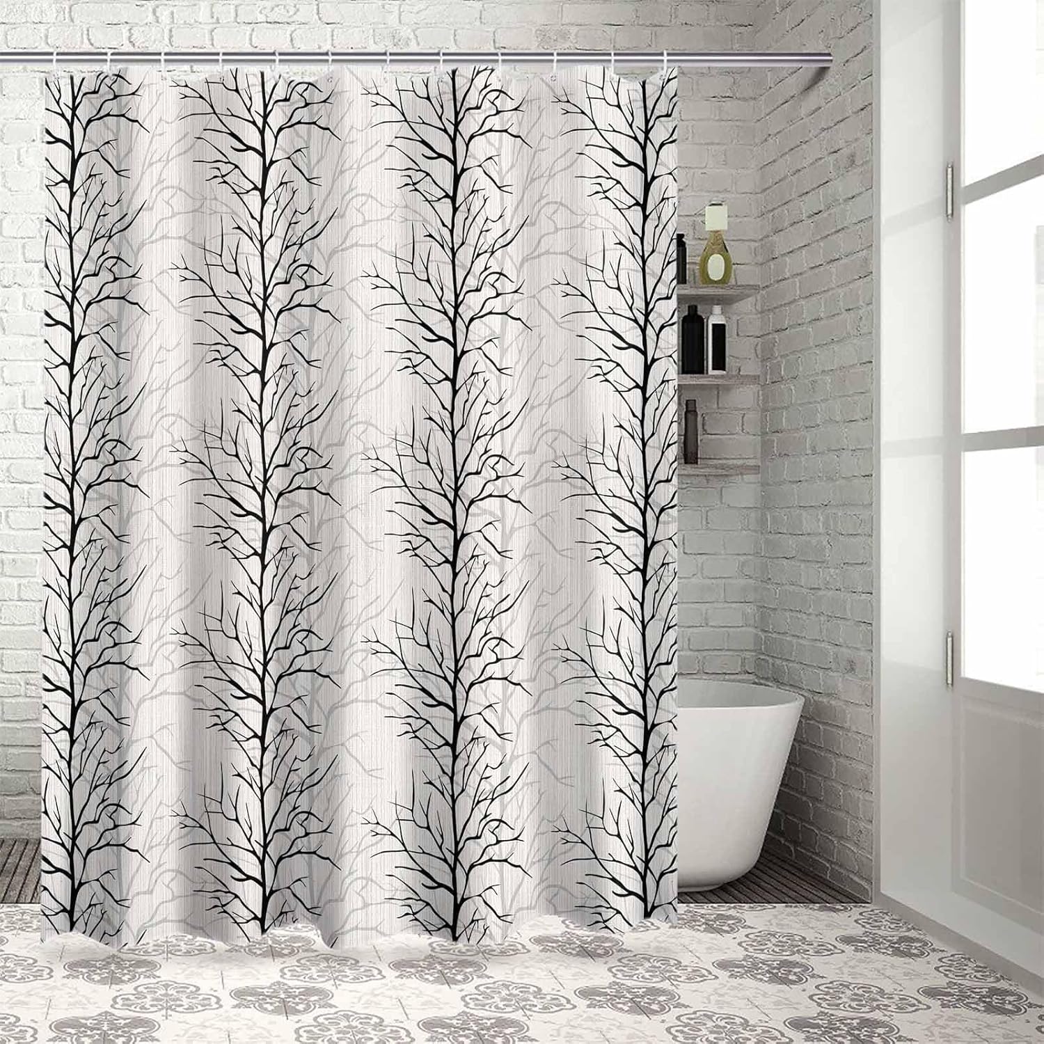 72 Inches Black Tree Branch Shower Curtain Set with 12 Hooks