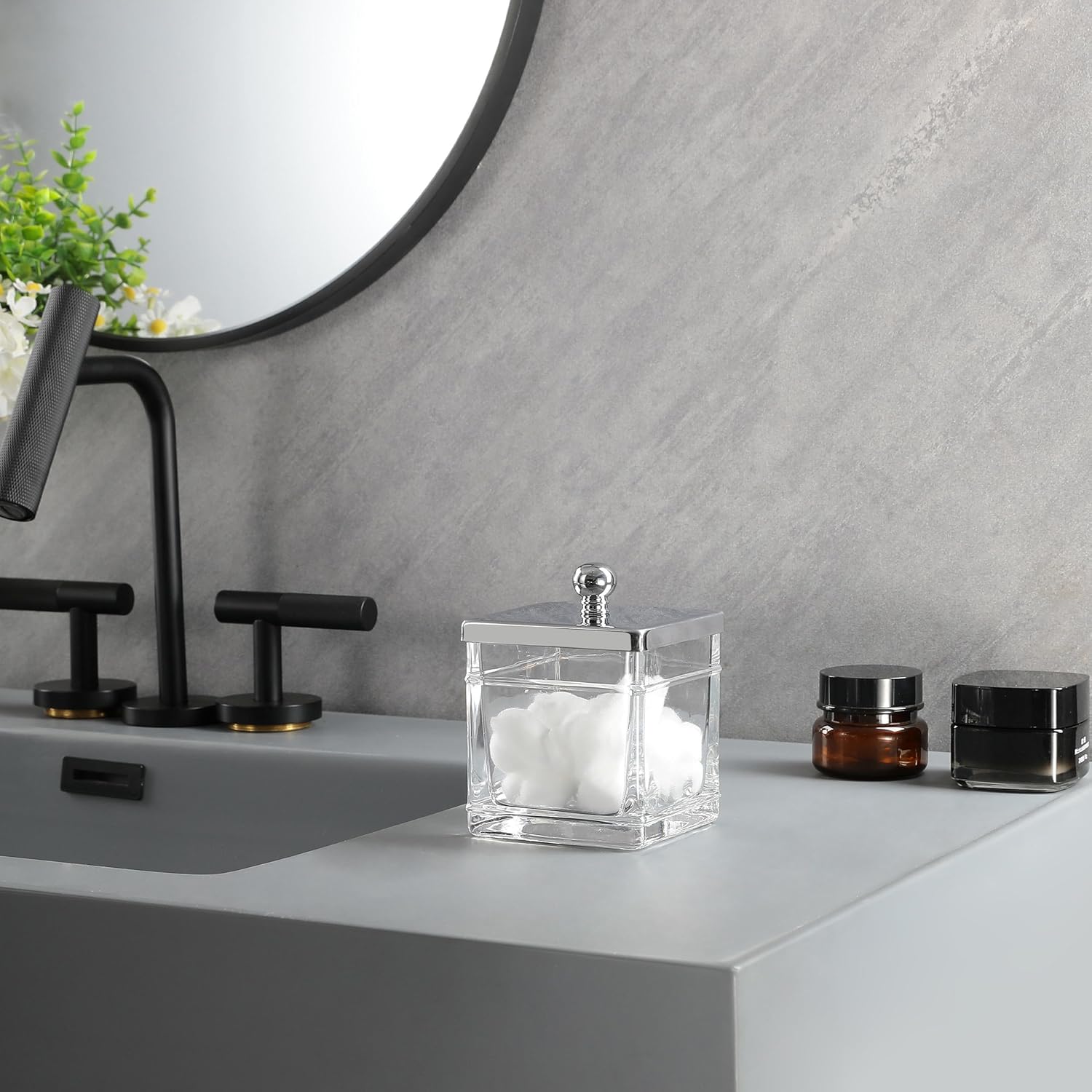 Apothecary Glass Jar with Silver Lid for Bathroom Storage