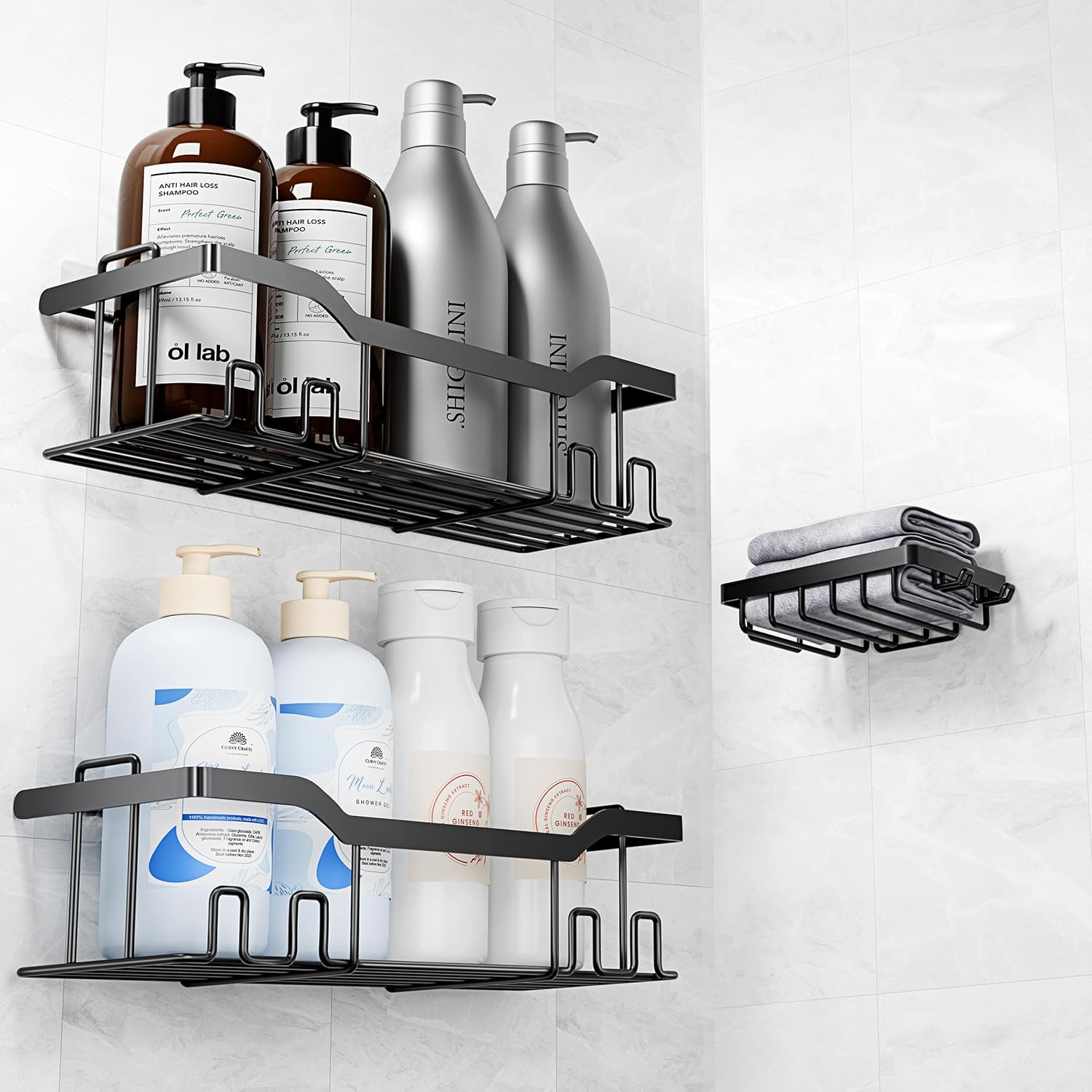 3 Pack Adhesive Shower Caddy Set with 8 Hooks and Soap Holder
