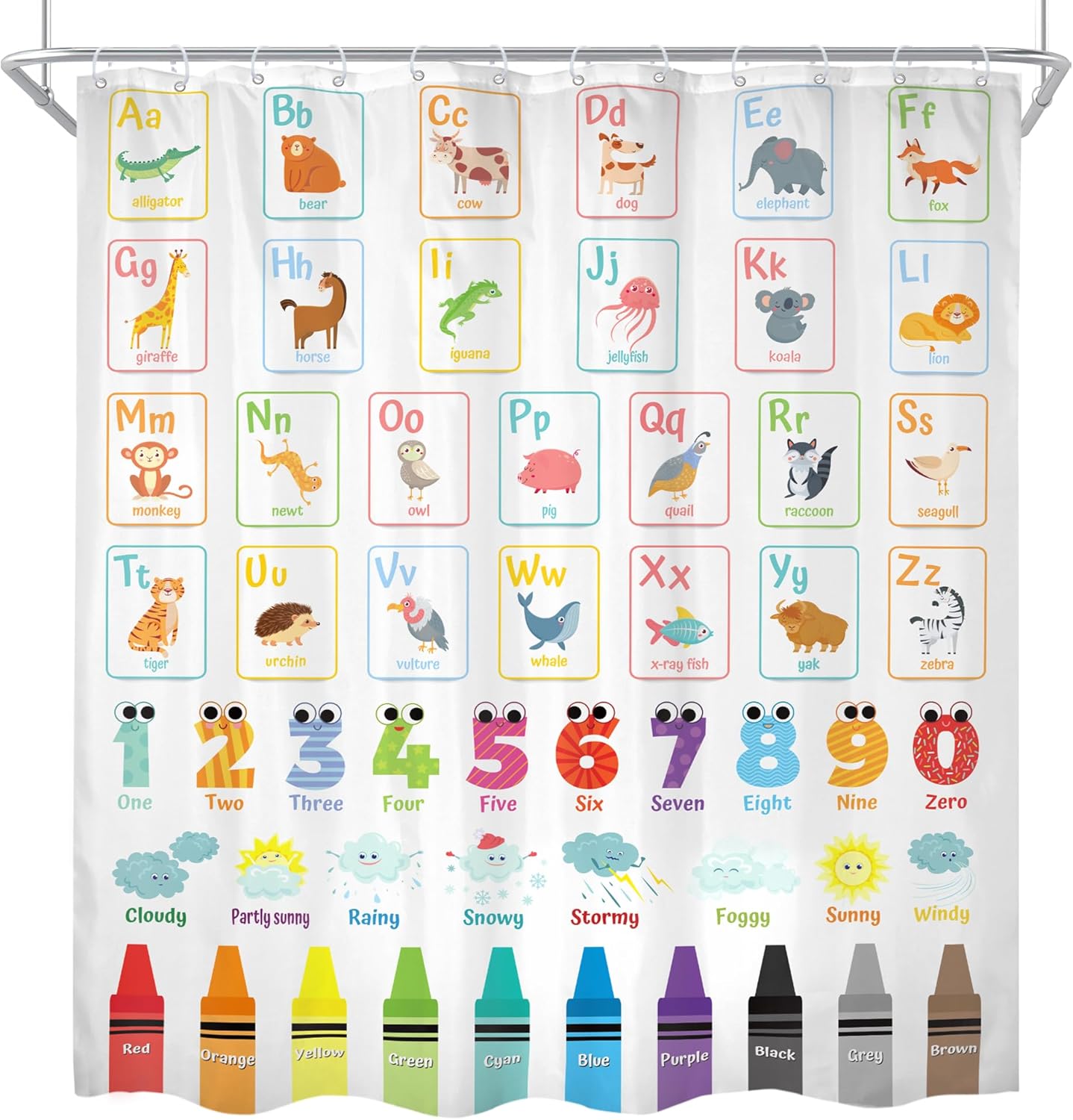 Cinbloo Alphabet ABC Kids Shower Curtain Set 72x72 with 12 Hooks