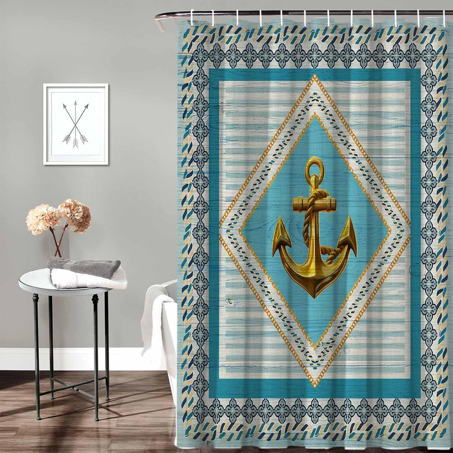 Funnywall88 72 Inches Retro Anchor Flower Shower Curtain Set with 12 Hooks