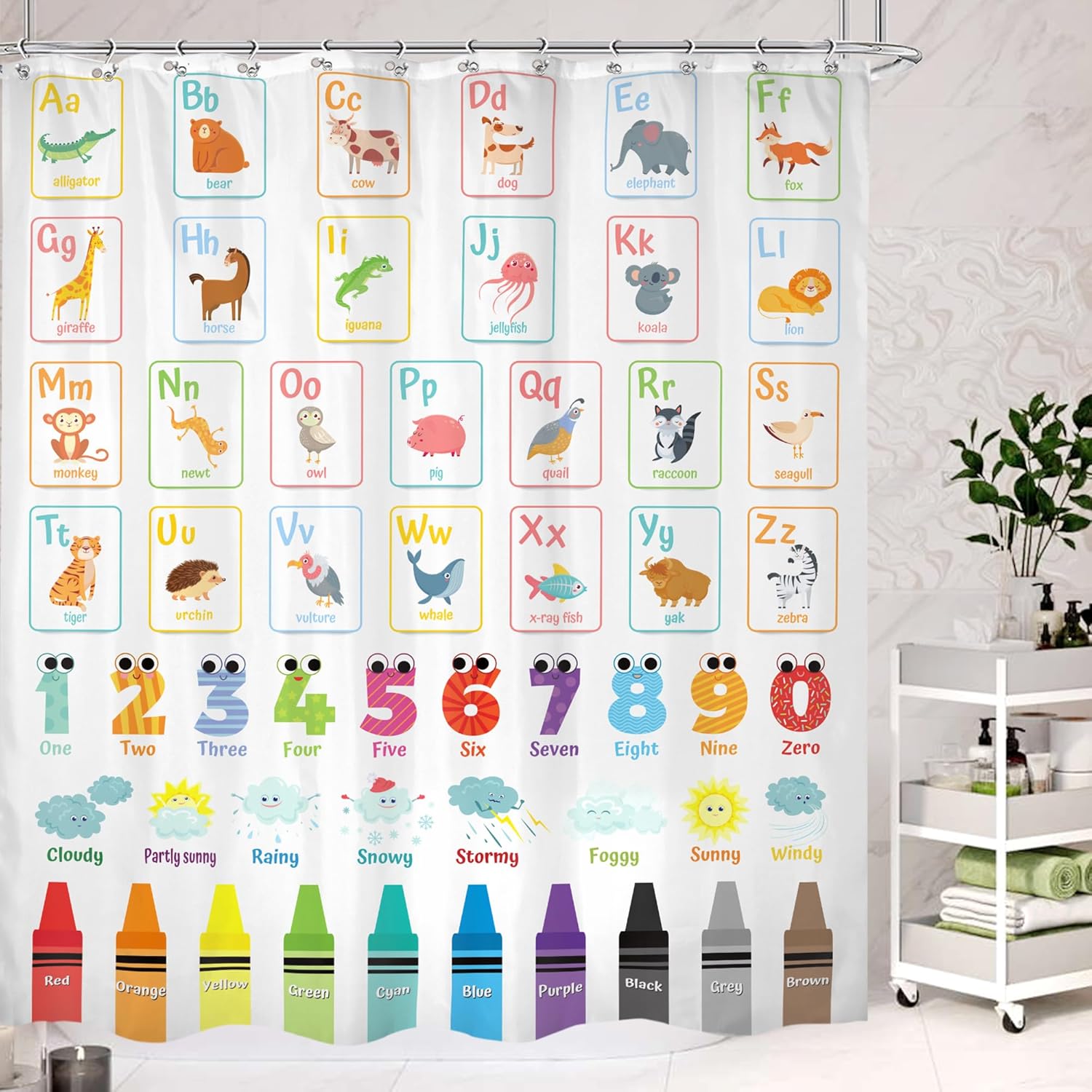 Cinbloo Alphabet ABC Kids Shower Curtain Set 72x72 with 12 Hooks